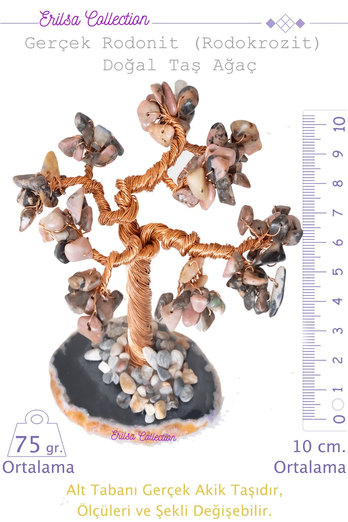 Tesbih Atölyesi Sertifikalı Gerçek Rodonit (rodokrozit) Doğal Taşı Ağaç - Akik Plakalı