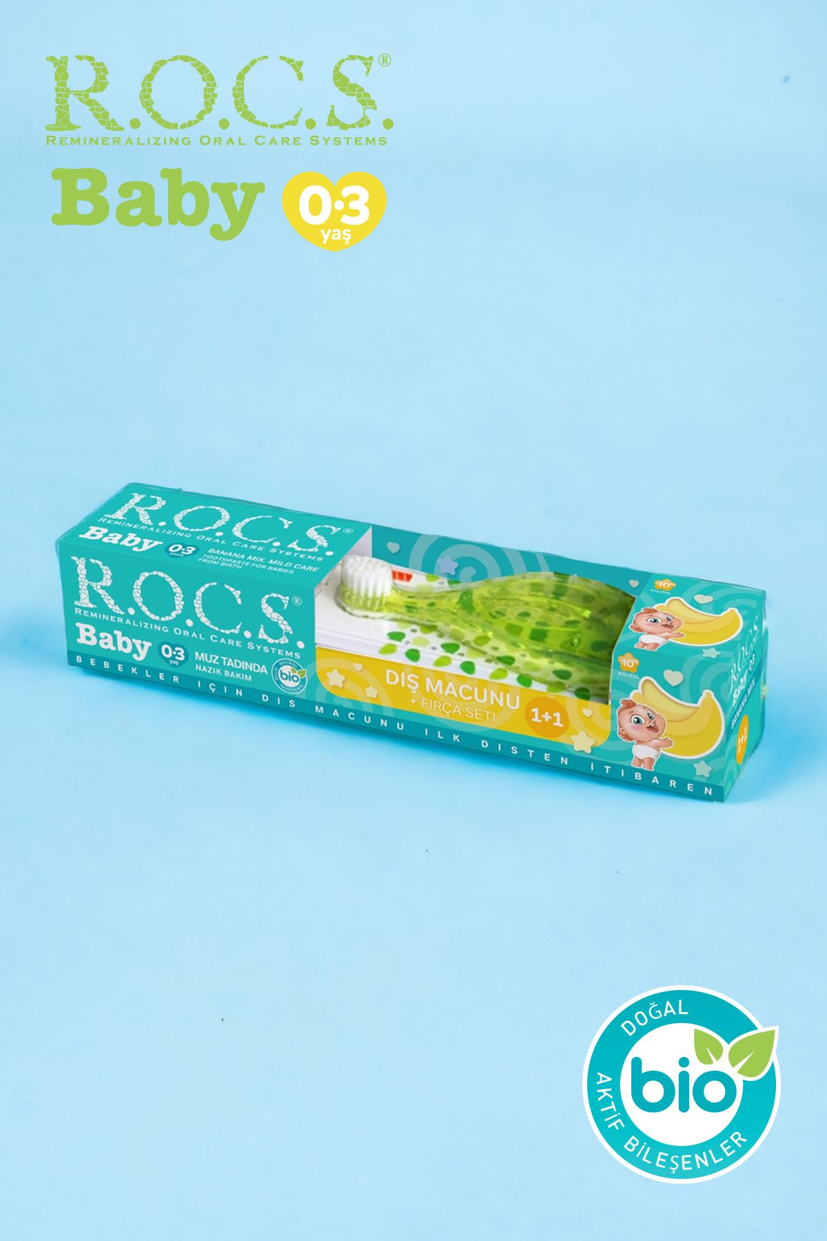 R.O.C.S. Rocs Baby 0-3 Yaş Muz Püresi Tadında Diş Macunu 45g + Diş Fırçası Seti Yeşil