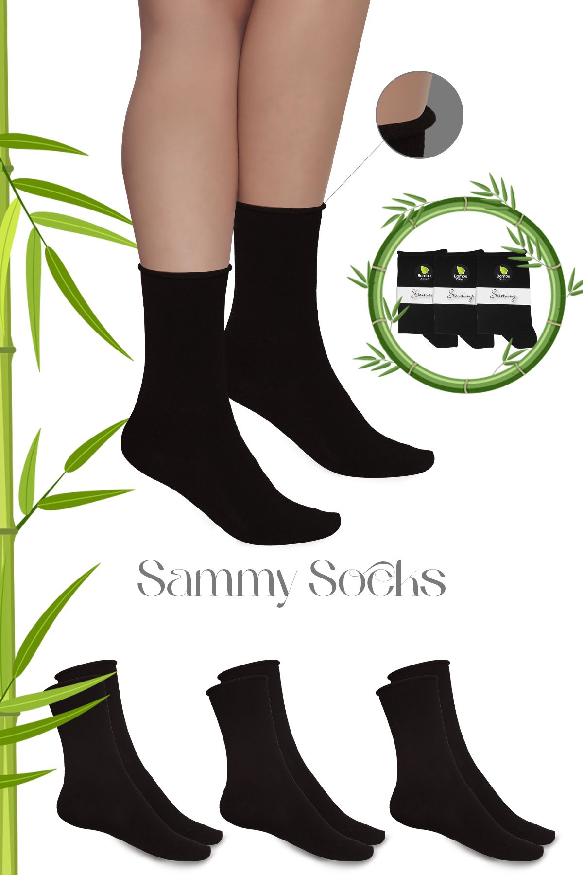Sammy Socks Premium Bambu Lastiksiz Dikişsiz Soket Kadın Çorap 3'lü