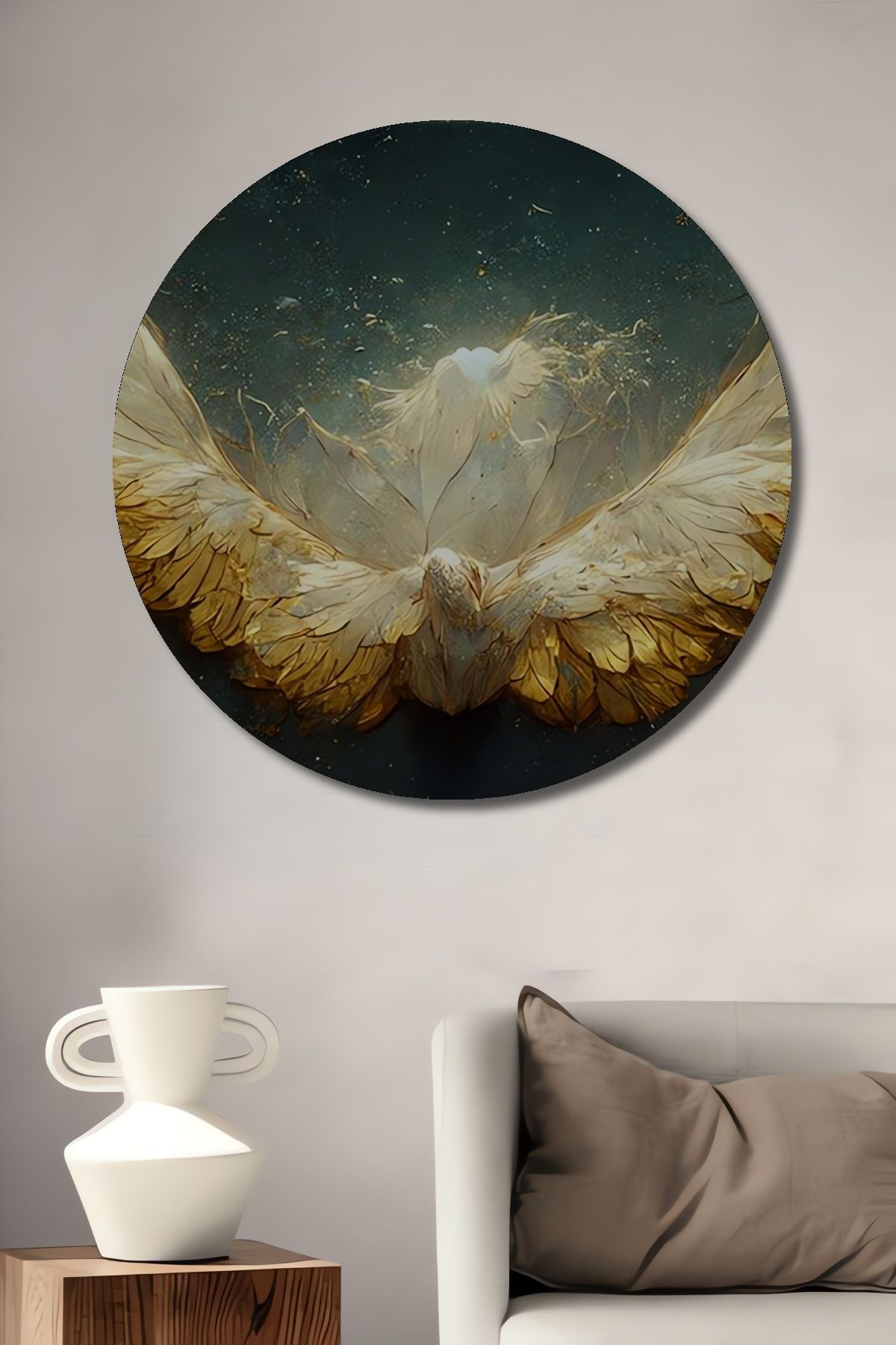 Teona Ahşap Sürrealist Tasarım Altın Kanatlı Beyaz Güvercin Ahşap Tablo Şık Yuvarlak Duvar Dekorasyon Tablosu