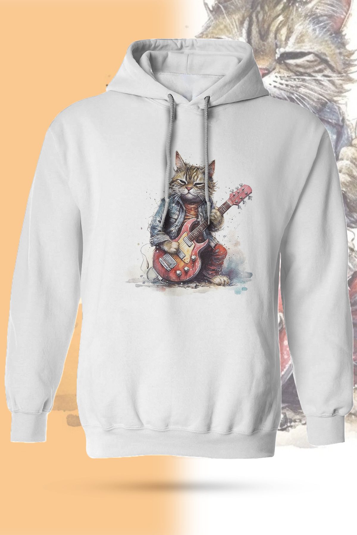 WebStyle Guitarist Cat Baskılı Ekru Unisex Kapüşonlu Sweatshirt