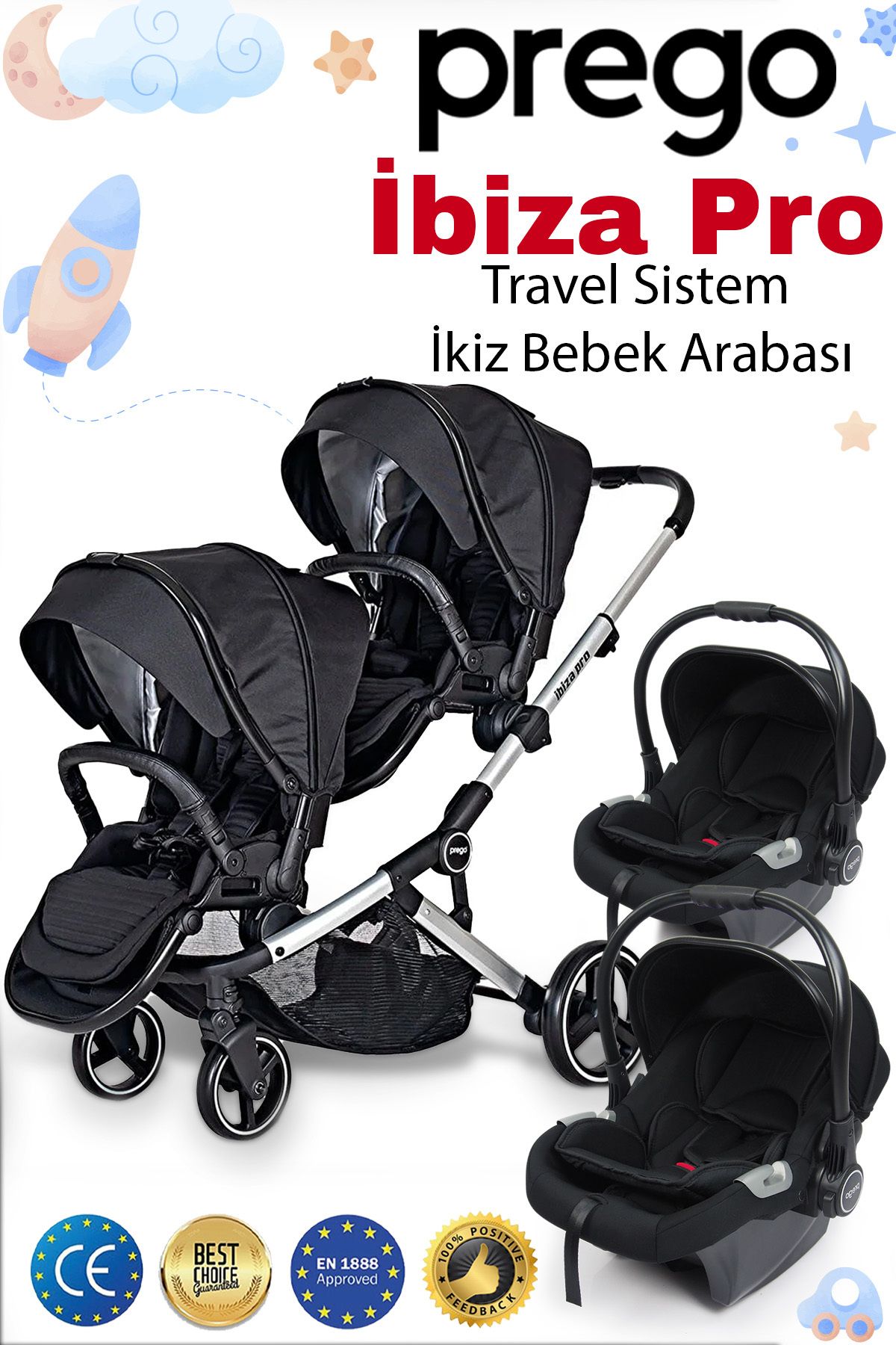 Prego 2071 Ibiza Pro Travel Ikiz Bebek Arabası Siyah Tam Set