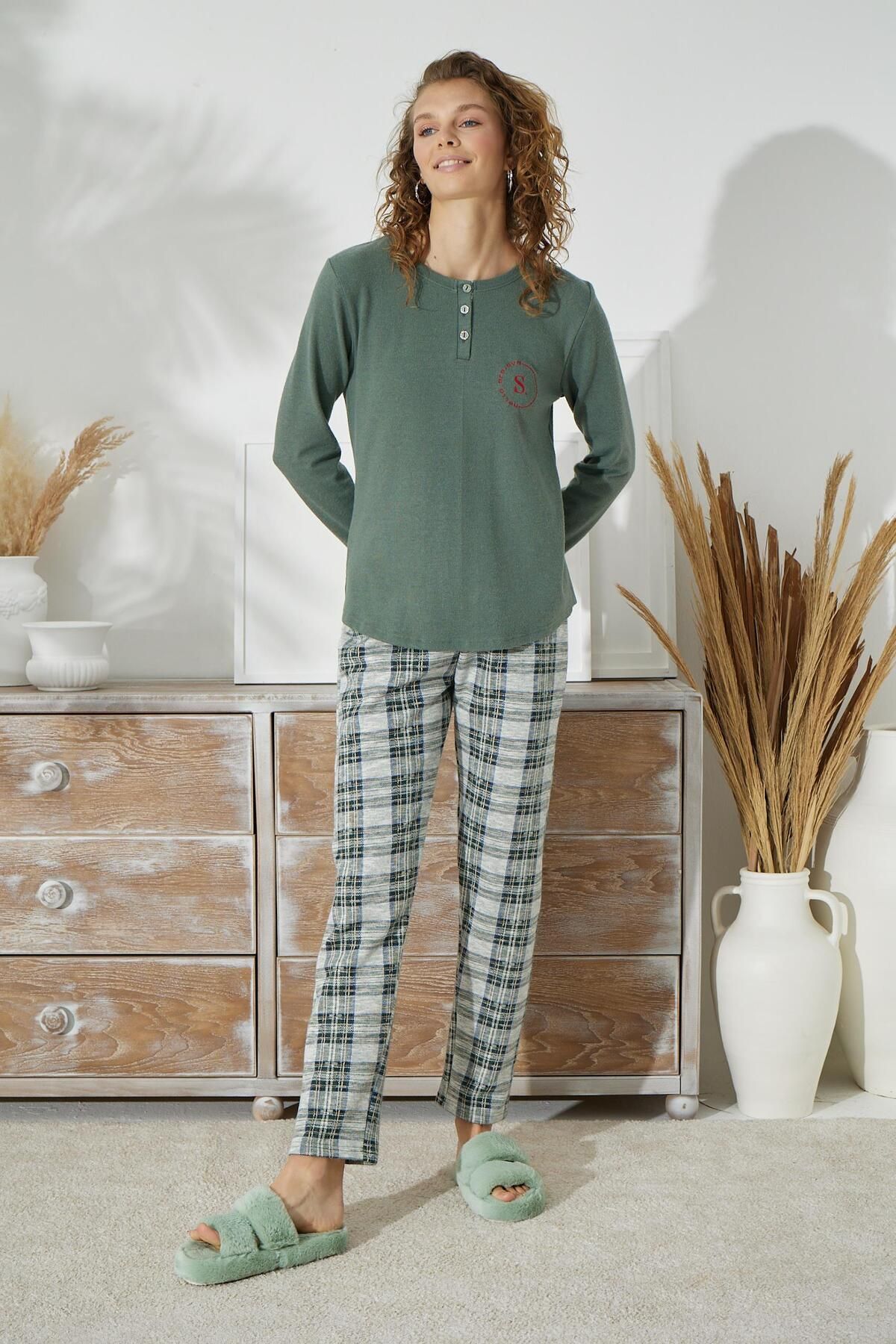 Sevim Kadın Uzun Kol Kalın Yeşil Pijama Takımı C1T5N1O79