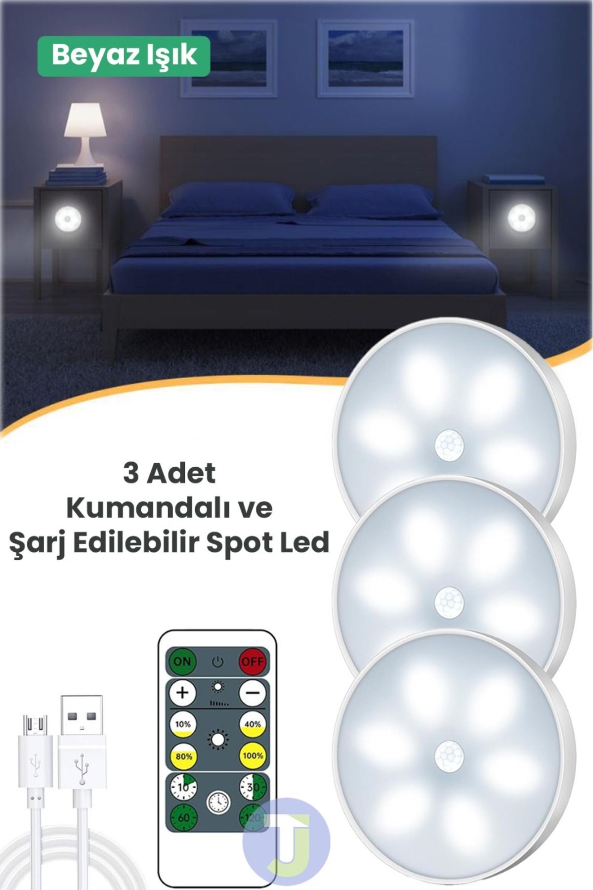 Technojet 3 Adet Akıllı Hareket Sensörlü Uzaktan Kumandalı Usb Şarjlı Kablosuz Spot Led Gece Lambası Beyaz