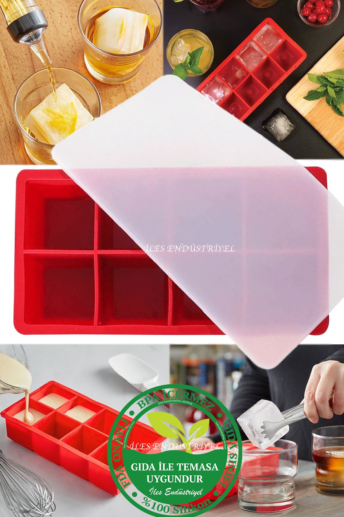 Gurme Chef Silikon Kapaklı Xxl Büyük Boy 8'Li Küp Buz Kalıbı Kırmızı