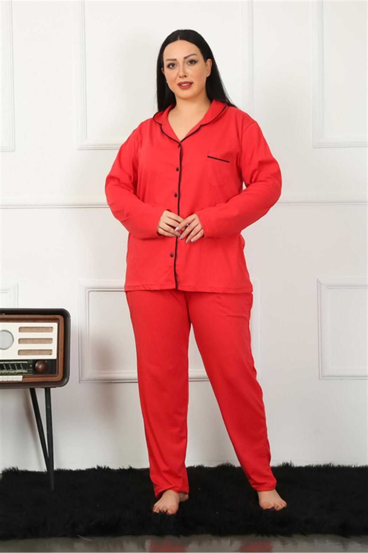 Zühre ZühreKadın Büyük Beden Önden Düğmeli Kırmızı Pijama Takım 202188
