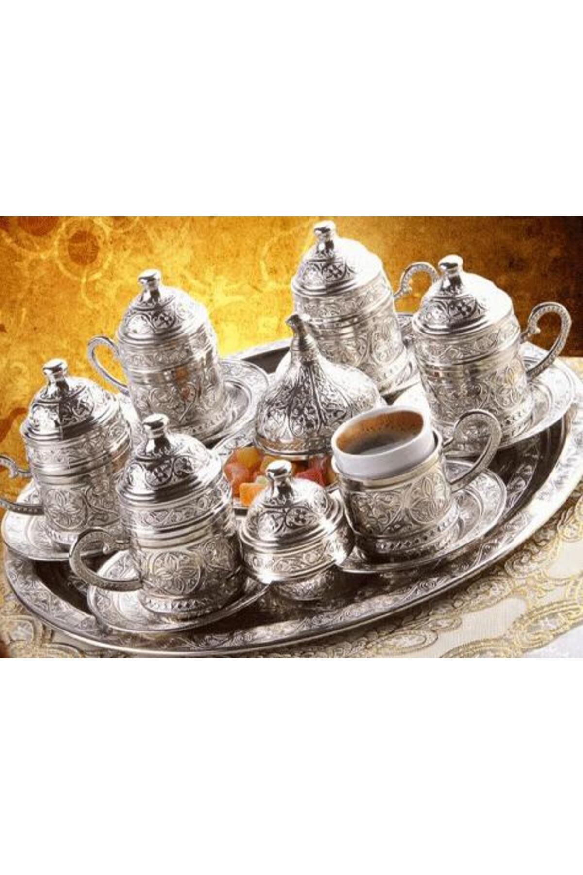 ÇERÇİCİ Osmanlı Motifli 6 Kişilik Türk Kahve Seti - Gümüş
