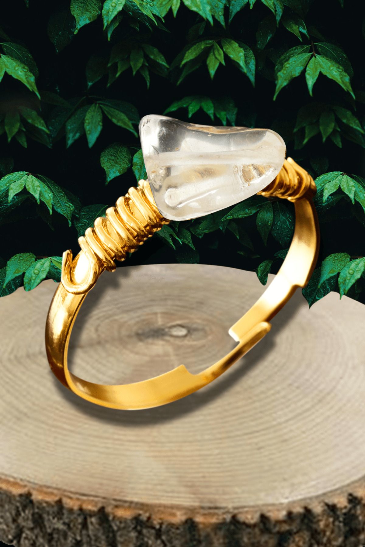 Tesbih Atölyesi Sertifikalı Gold Kırık Taşlı İnce Model Kristal Kuvars Taşı Yüzük - Ayarlamalı