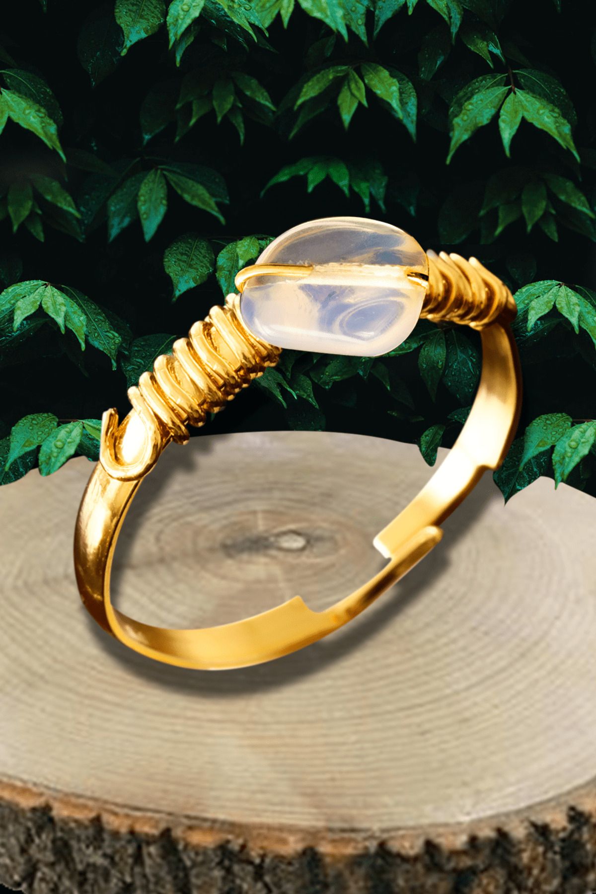 Tesbih Atölyesi Sertifikalı Altın Kaplama Kırık Taşlı Ince Model Opal - Ay Taşı Yüzük