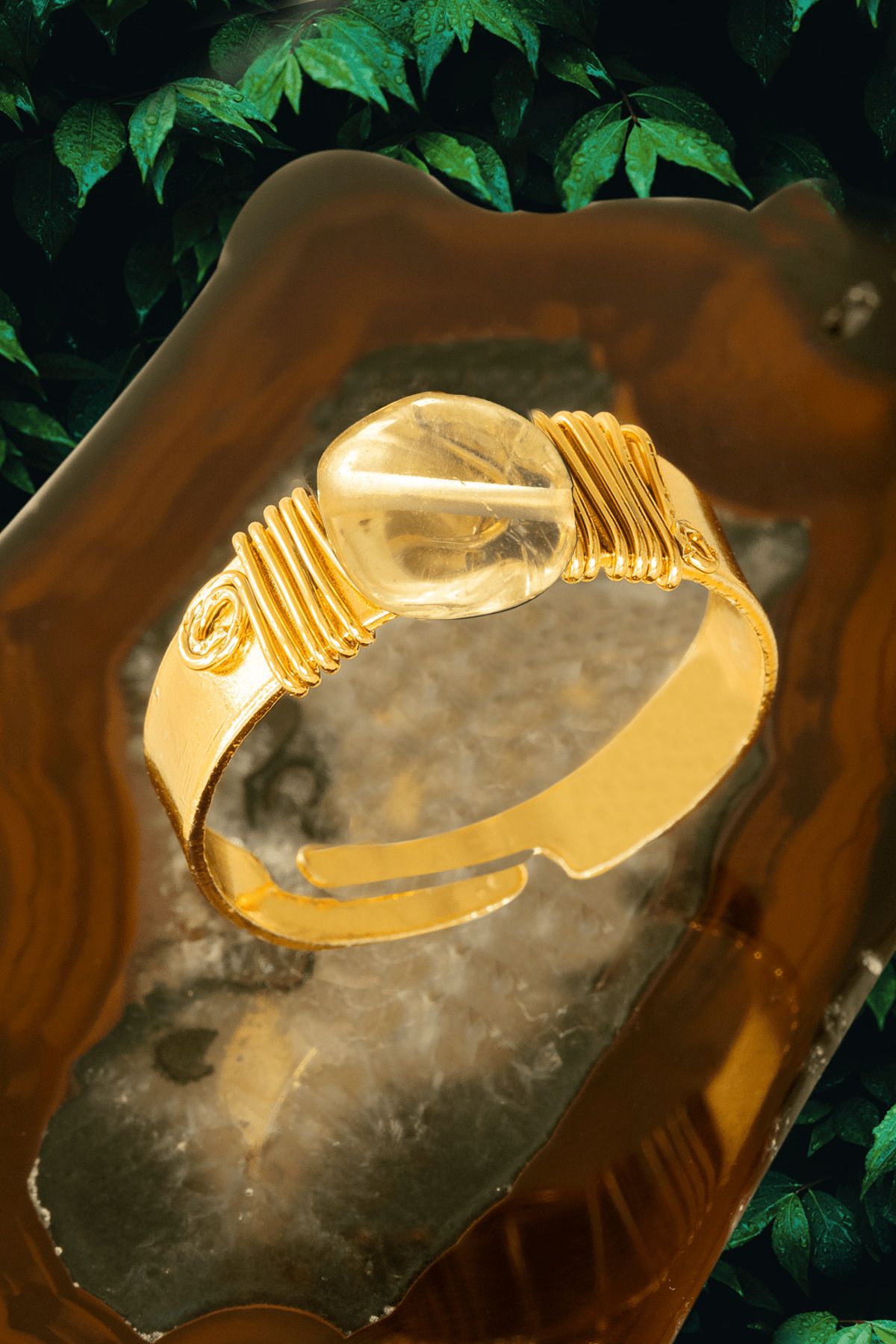 Tesbih Atölyesi Sertifikalı Kalın Tımbıl Gold Model Sitrin Taşı Yüzük - Ayarlamalı