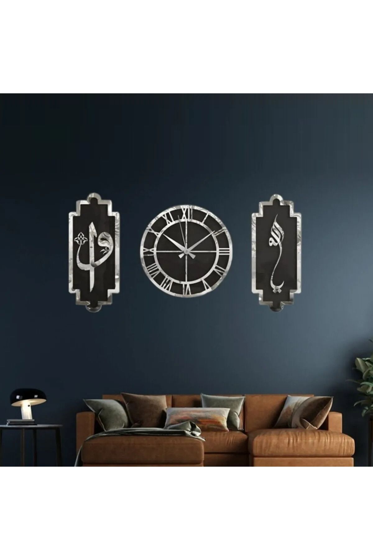Eyberra Duvar Saati Modern & Şık Tasarım Mdf Üzeri Siyah & Gümüş Aynalı Pleksi 3lü Seti