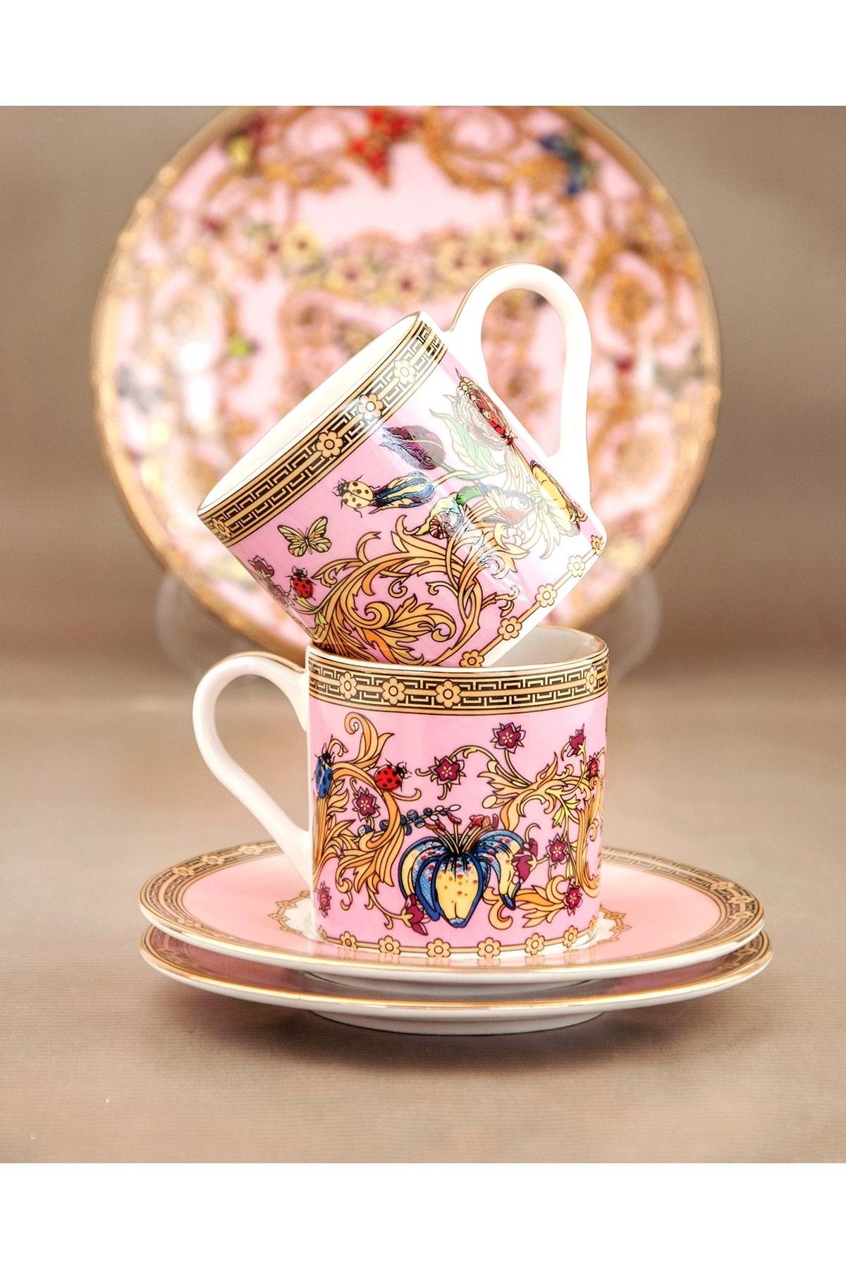 Bursa Porselen Dekor Pink butterfly altın yaldızlı iki kişilik kahve fincan takımı