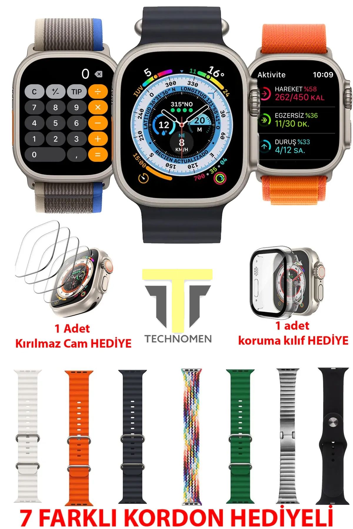 TECHNOMEN Akıllı Saat Y60 Ultra Plus 7 Kordon Kasa Koruma Kırılmaz Cam Hediyeli Smart Watch