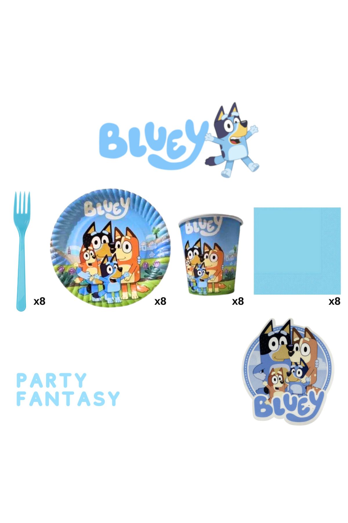 Party Fantasy Bluey 8 kişilik Yemek Seti Tabak Bardak Peçete ve Çatal Bluey Servis Seti Bluey Parti Set