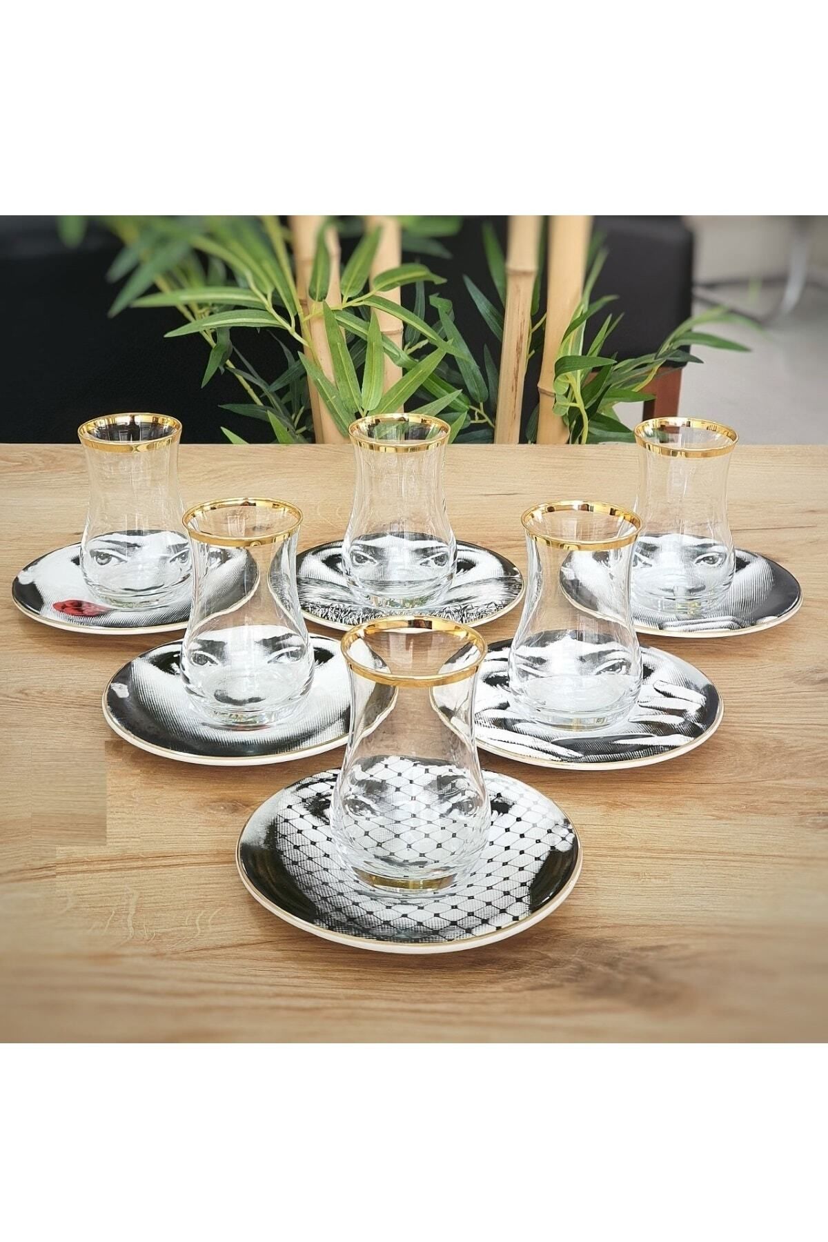 Pinkev 6 Kişilik Fornasetti Model Seramik Tabaklı Çay Bardağı Seti