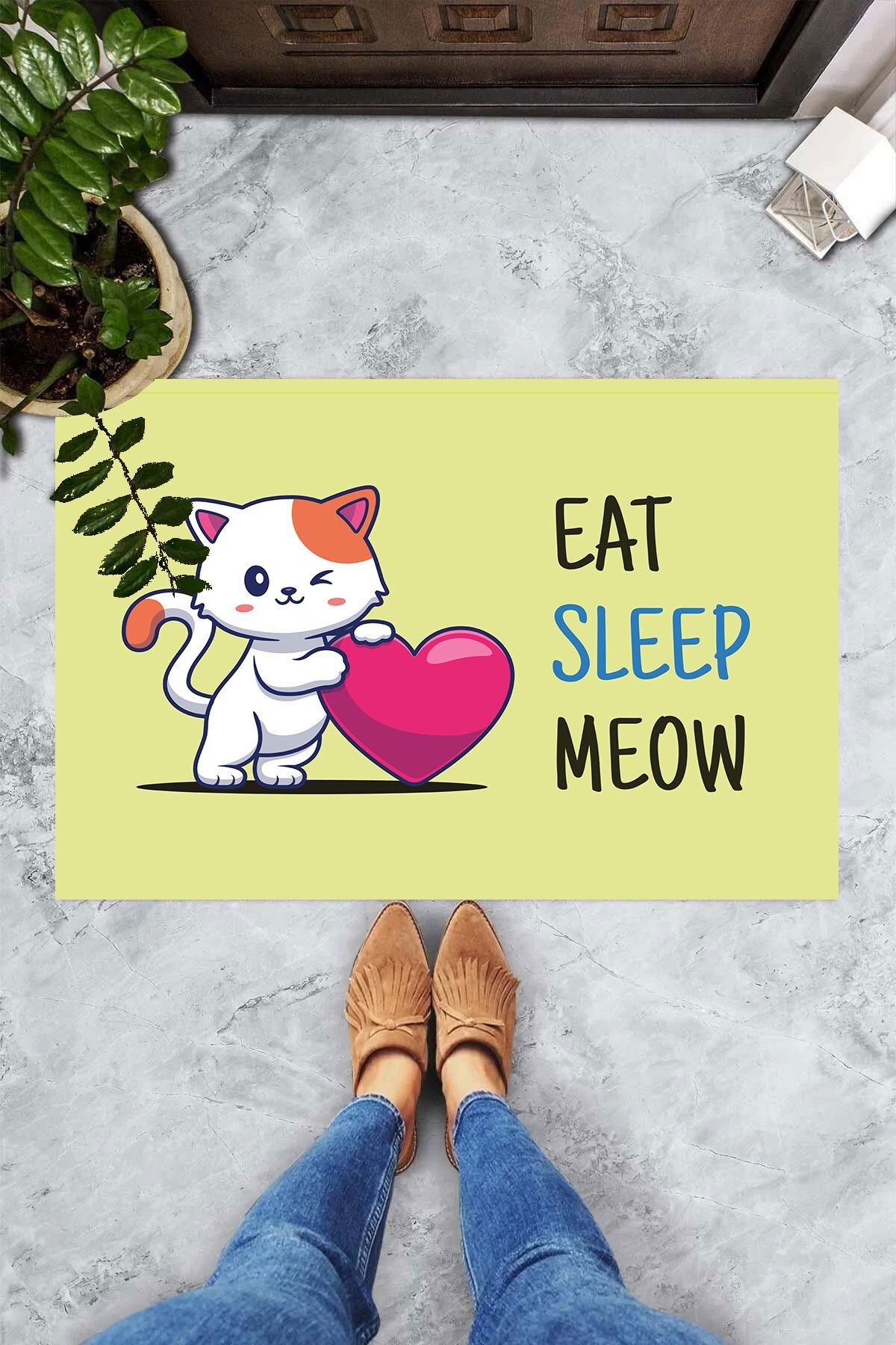 on the clouds Dijital Baskılı Eat Sleep Meow Yazılı Kedi Desenli Dekoratif Kapı Önü Paspası