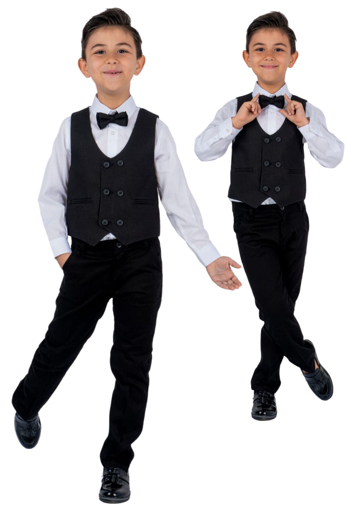 Tarz Çocuk Çift Düğme Siyah Erkek Çocuk Yelekli Takım Elbise