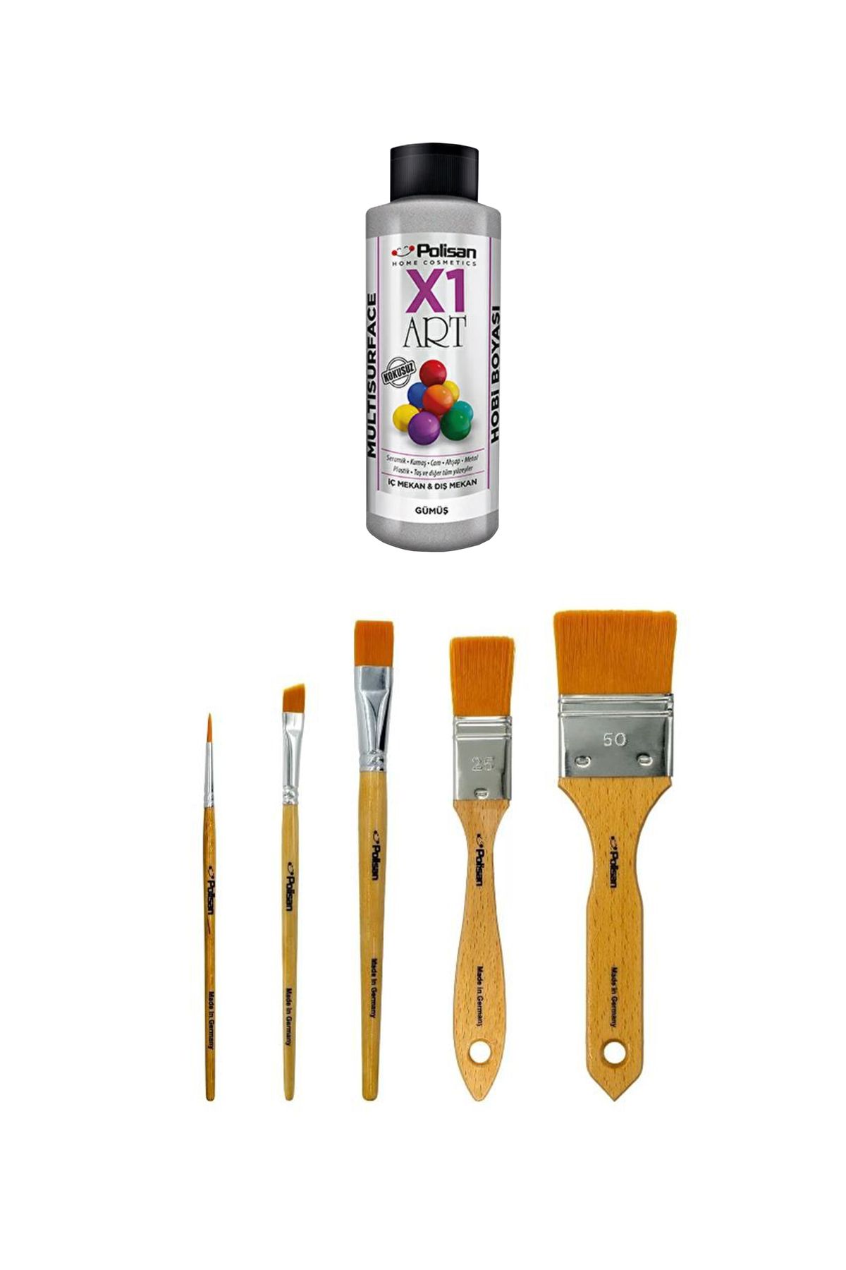 Polisan X1 Art Yaldızlı Akrilik Hobi Boyası 120ml - Gümüş + X1 Art Pro Hobi İpek Fırça Seti