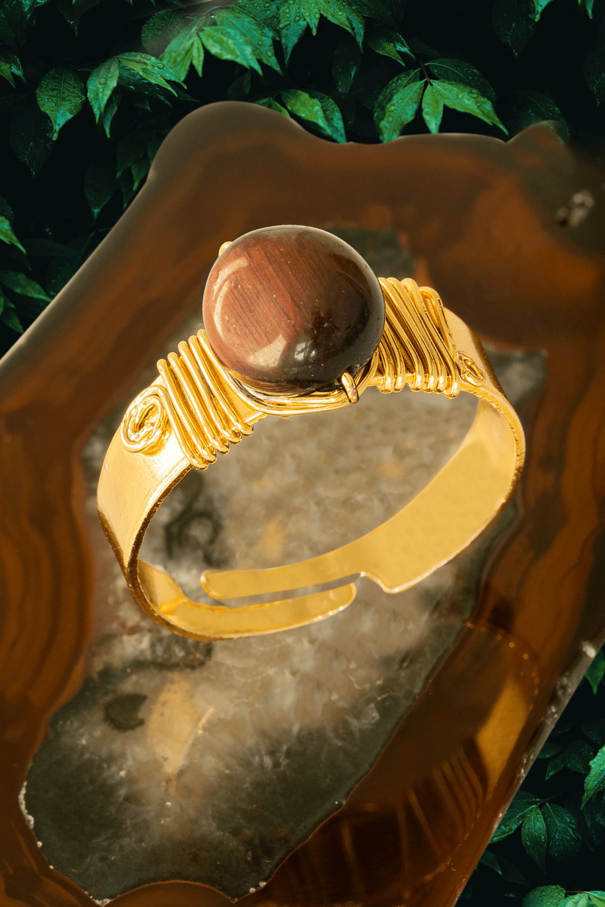 Tesbih Atölyesi Sertifikalı Kalın Tımbıl Gold Model Kahverengi Kaplan Gözü Taşı Yüzük - Ayarlamalı