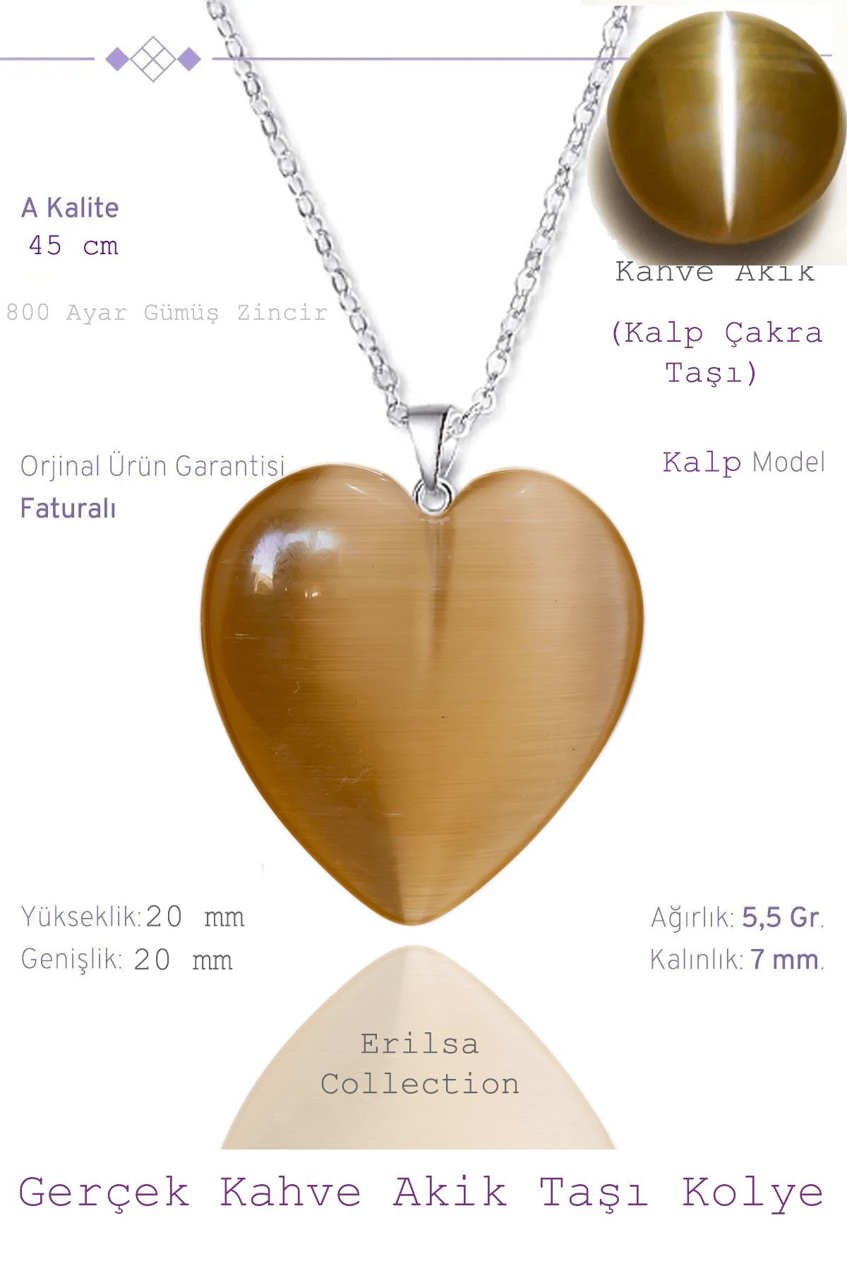 Tesbih Atölyesi Sertifikalı Kalp Model Kahverengi Akik Taşı Kolye (Gümüş Aparatlı)