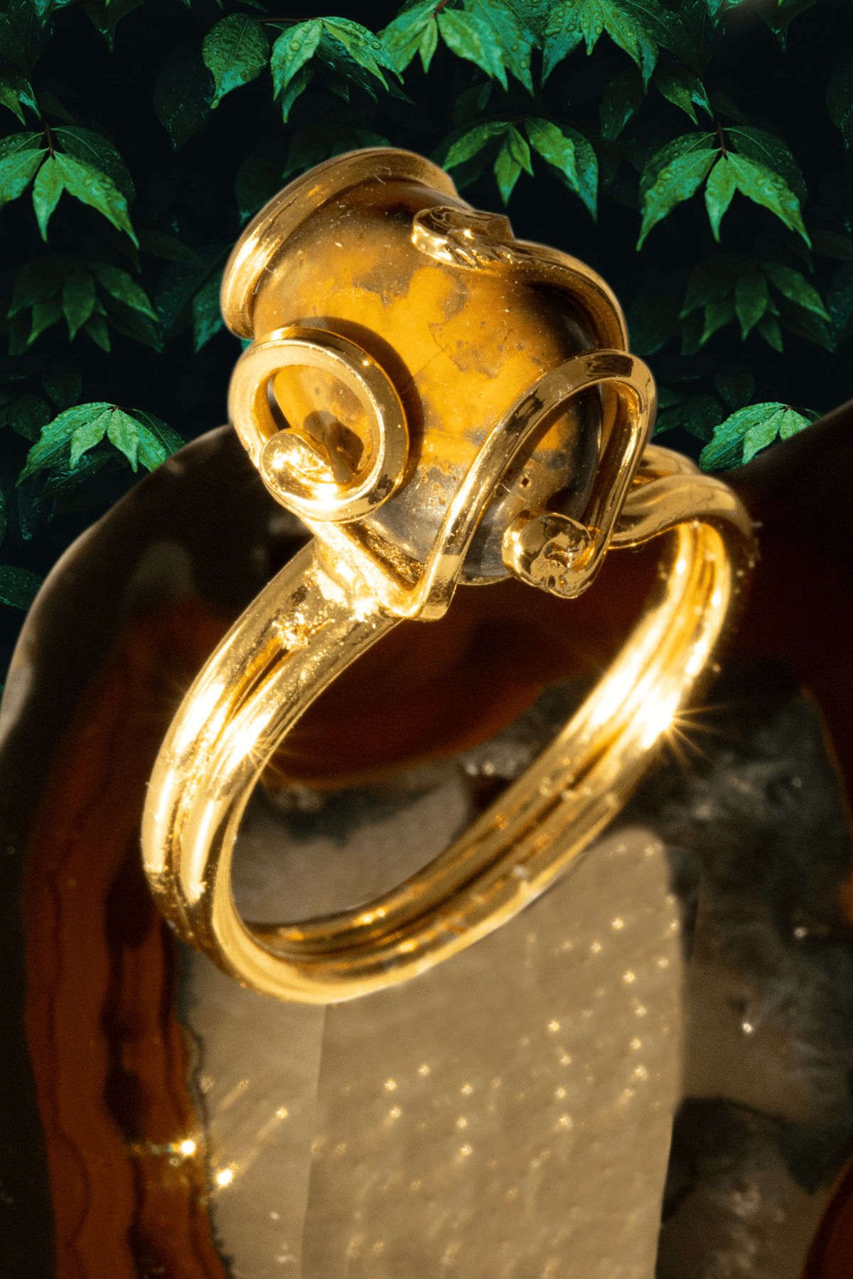 Tesbih Atölyesi Sertifikalı Gold Rokoko Model Pietersite Taşı Yüzük - Ayarlamalı