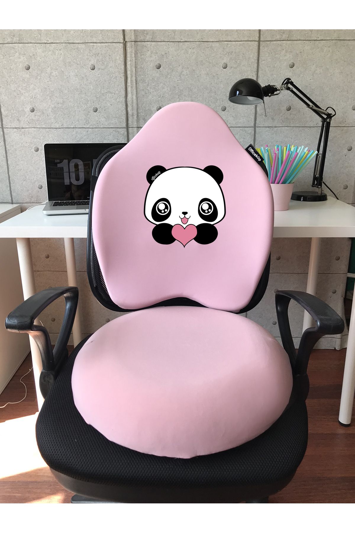 Officeküp Visco Gamer Oyuncu Bel Yastığı ve Yuvarlak Oturma Minderi 2'li Set Pembe Panda