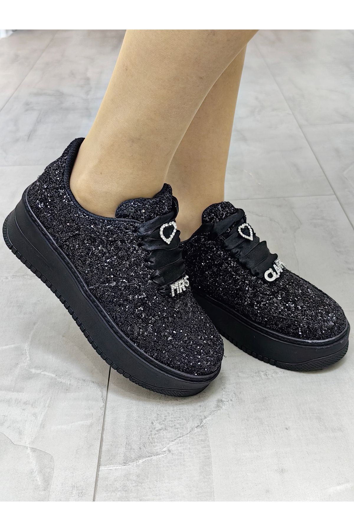 Ayakkabı Tutkusu Stilo ® Siyah Spor Ayakkabı Parıltılı Şık Tasarım Rahat Sneaker Işıltılı Siyah Ayakkabı