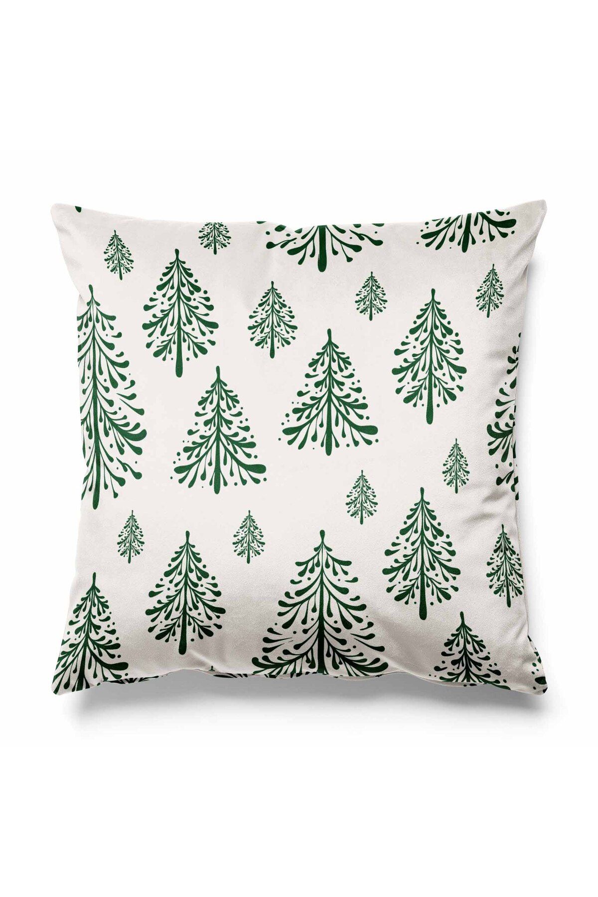 Pilloveland Ekru Zeminde Yeşil Çam Ağaçları Desenli Çift Tarafı Baskılı Kırlent Kılıfı Yılbaşı Christmas Noel
