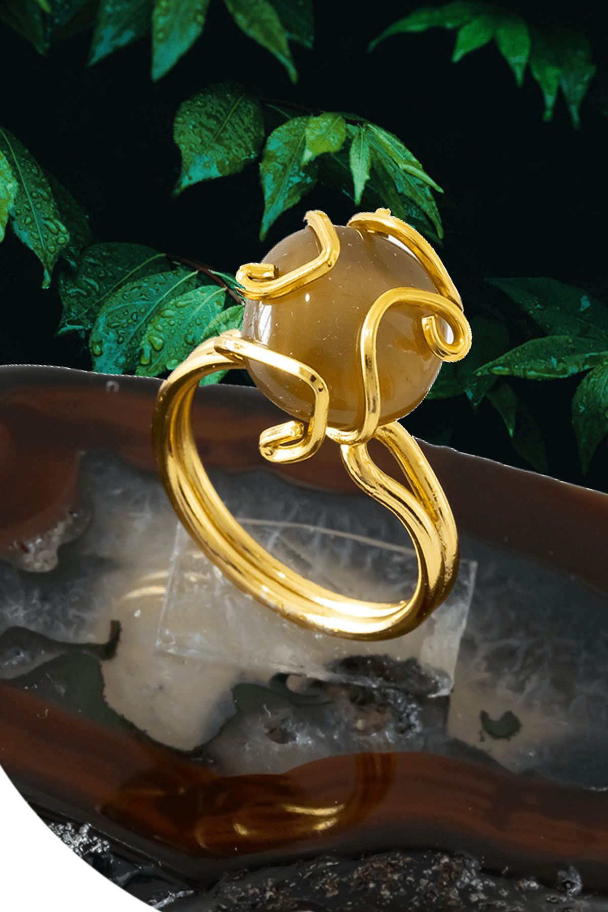 Tesbih Atölyesi Sertifikalı Gold Rokoko Model Dumanlı Kuvars Taşı Yüzük - Ayaralamalı
