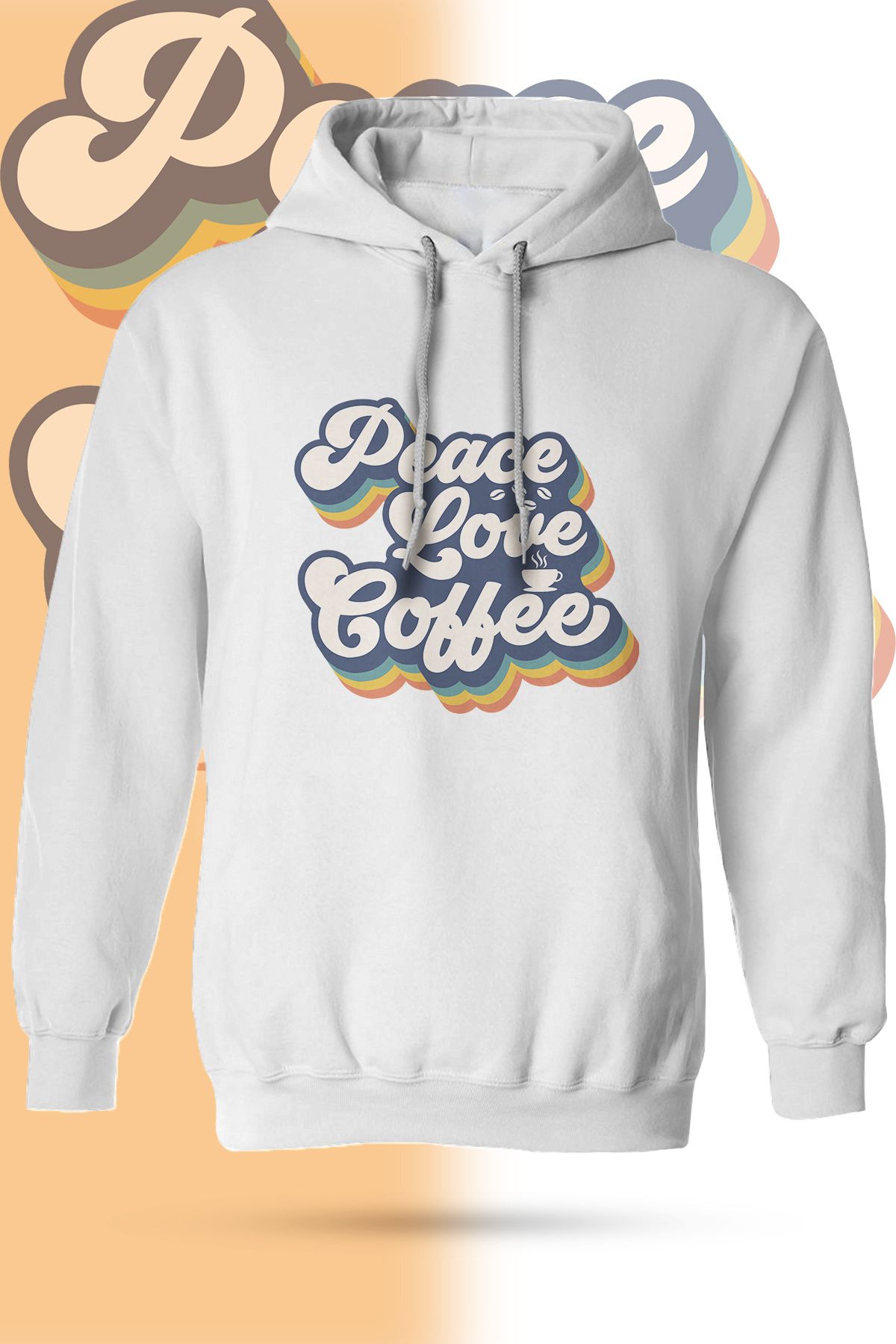 WebStyle Peace Love Coffee Baskılı Ekru Unisex Kapüşonlu Sweatshirt