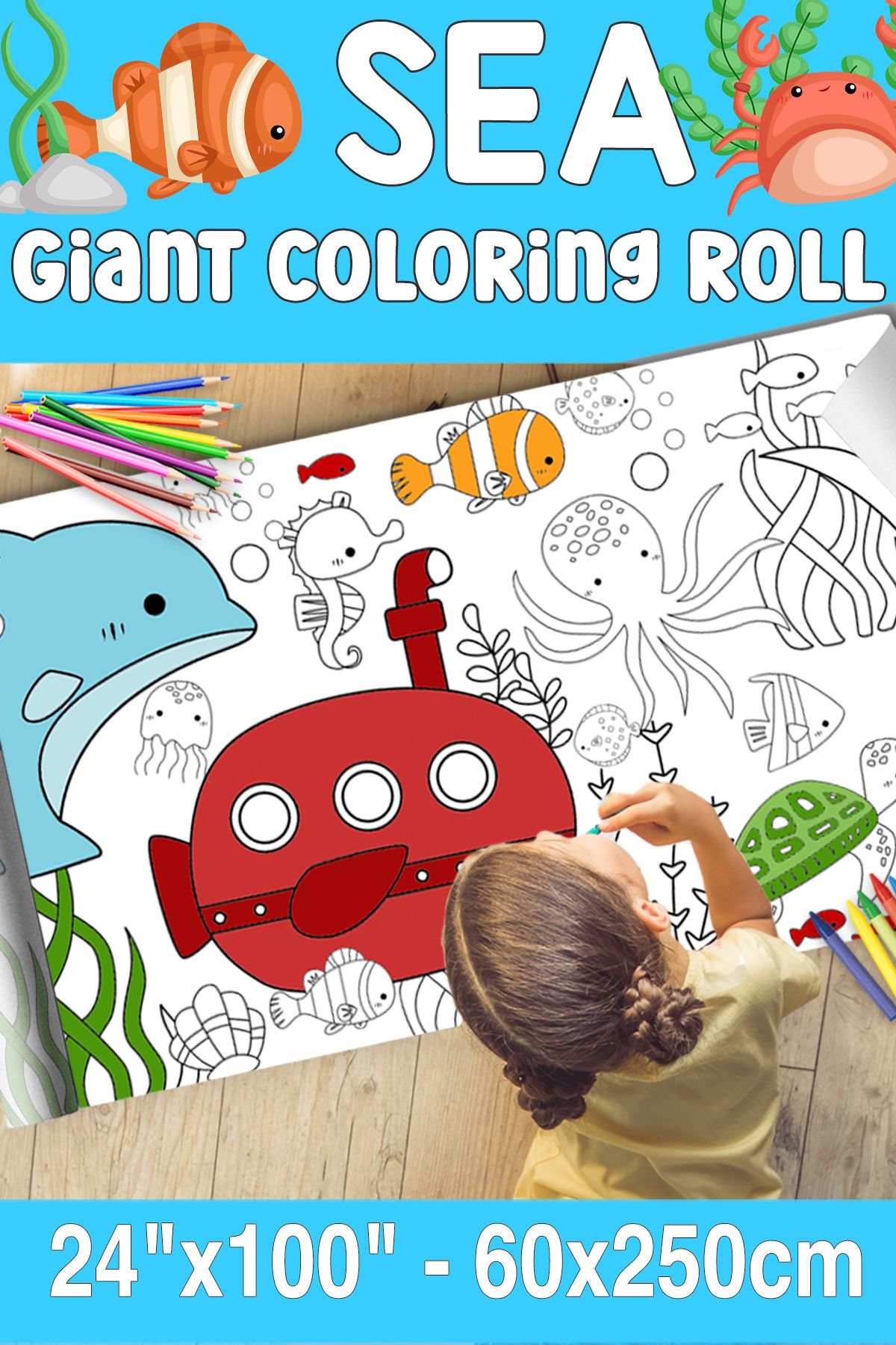 Little One Deniz Dev Boy Boyama Kağıdı - Farm Kids Coloring Roll - Giant Painting Paper Roll for Kids