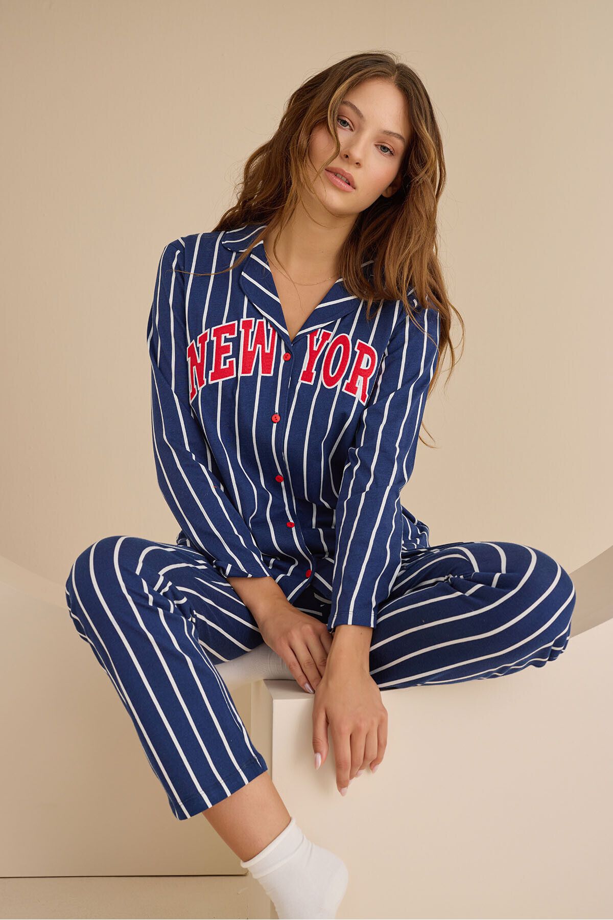 Nbb Lacivert New York V Yaka Önden Düğmeli Pijama Takımı