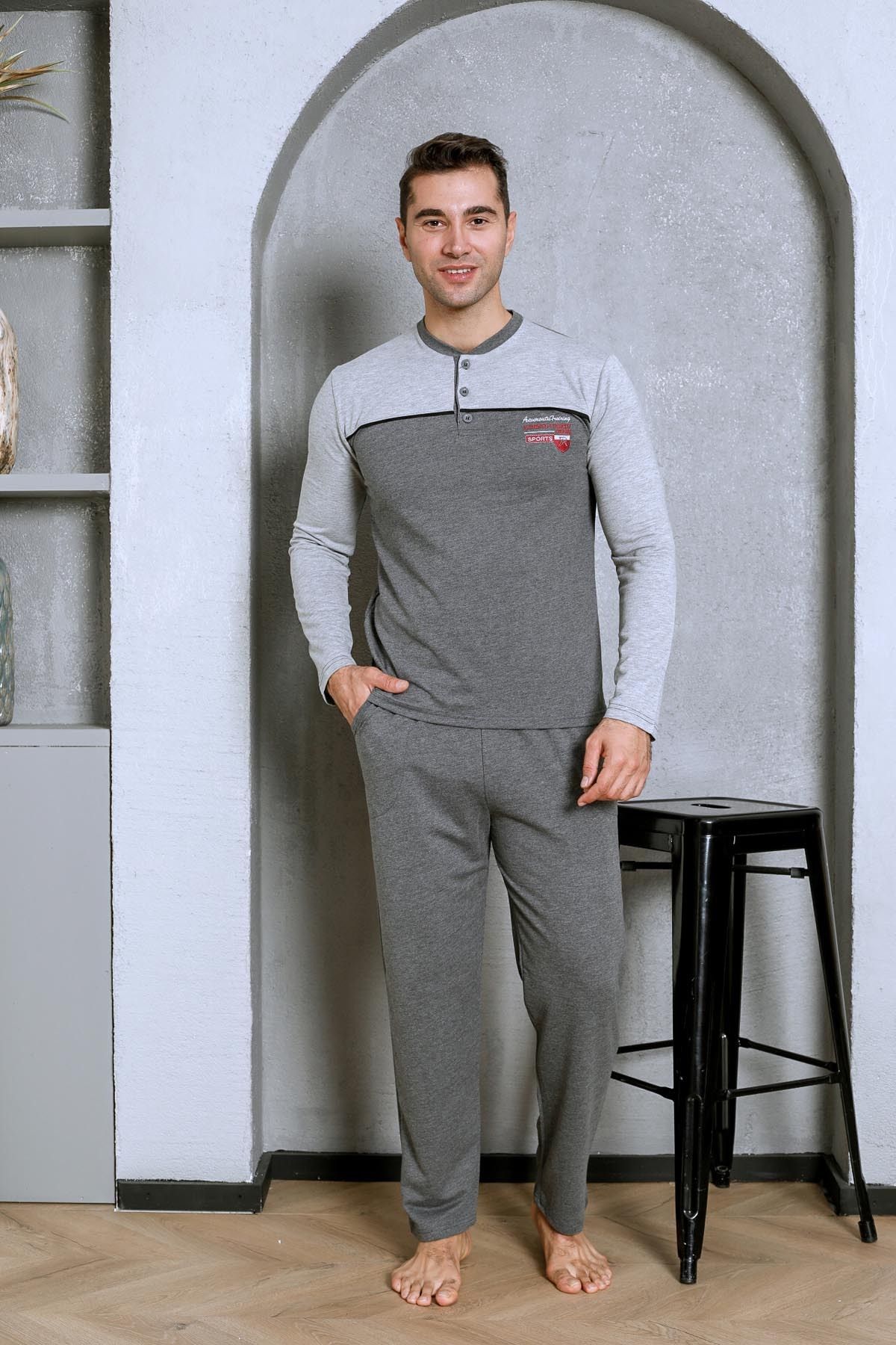 AHENGİM Man Erkek Pijama Takımı Iki Iplik Önü Robalı Pamuklu Mevsimlik M70162281