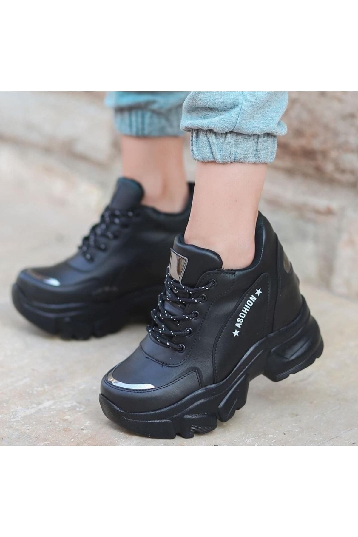 Afilli Kadın Siyah Gizli Yüksek Taban Dolgu Platform Topuk Günlük Gümüş Parlak Sneaker Spor Ayakkabı