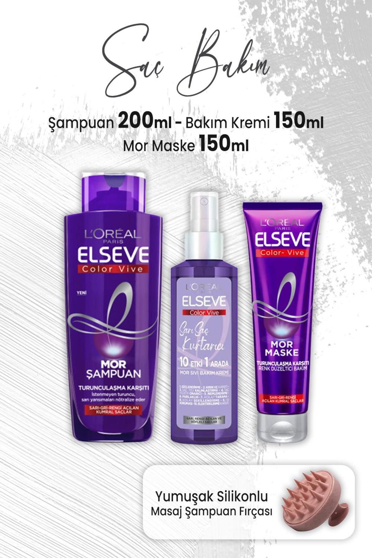 Elseve Color Vive Mor Şampuan 200 Ml, Maske 150 Ml, Sıvı Bakım Kremi 150 ml Ve Masaj Şampuan Fırçası