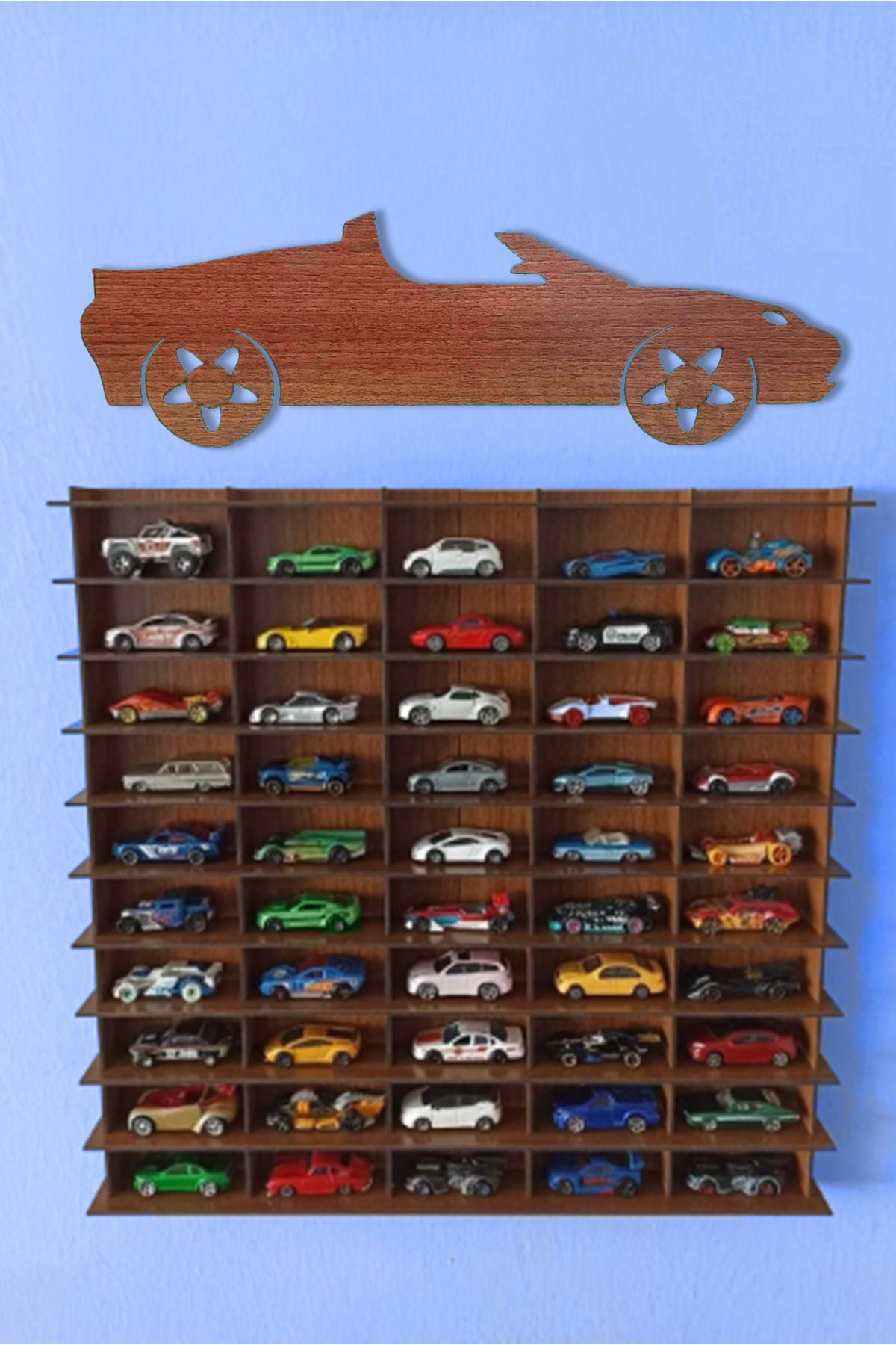 kalides Oyuncak Araba Rafı 50'li Ceviz Rengi (hotwheels Ve Matchbox Arabaları Için Uygundur)