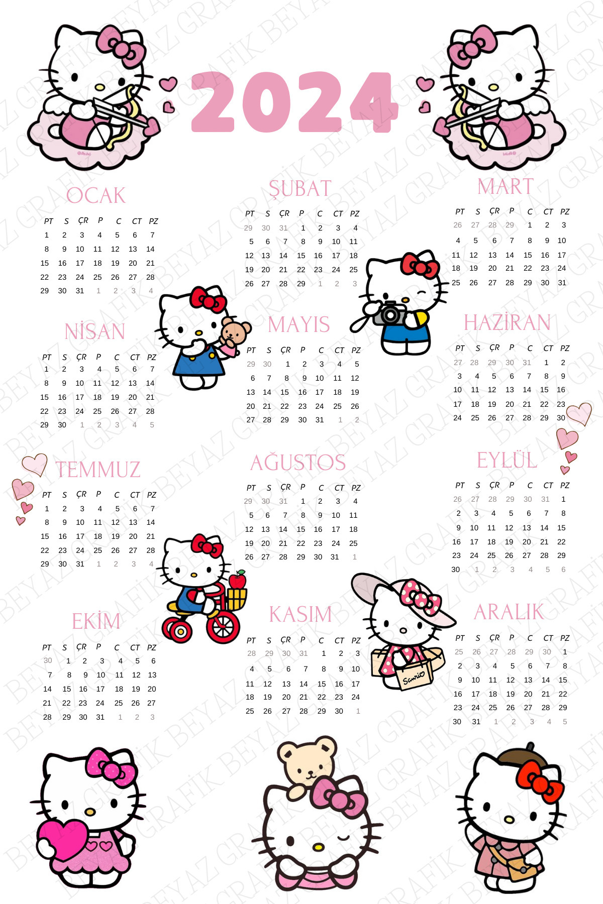 Beyaz Grafik 2024 Hello Kitty / Kuromi Temalı Takvim Sticker (Arkası