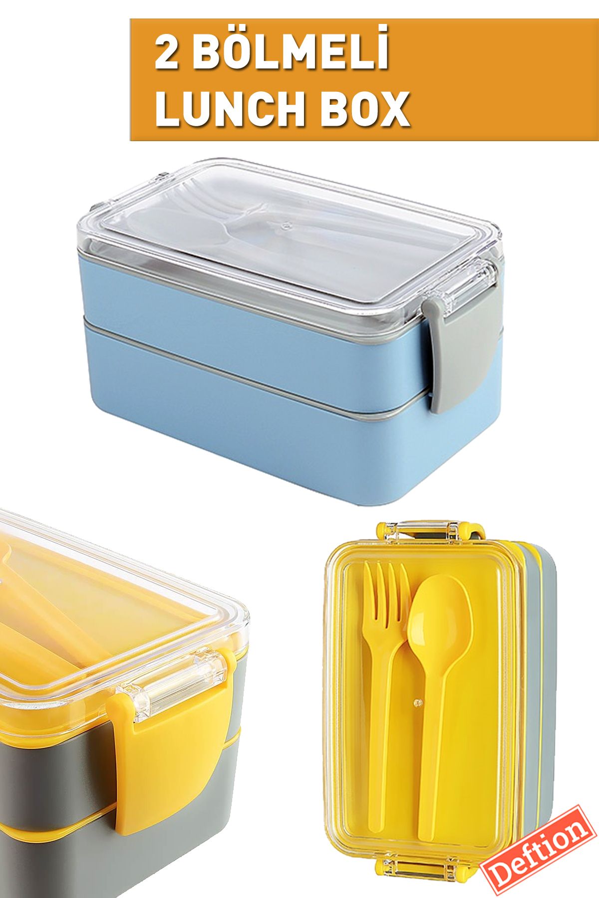 Deftion Mavi Gri 900ml Lunch Box Beslenme Kutusu Plastik Sefer Tası Yemek Taşıma Lunchbox Okul Yurt Için