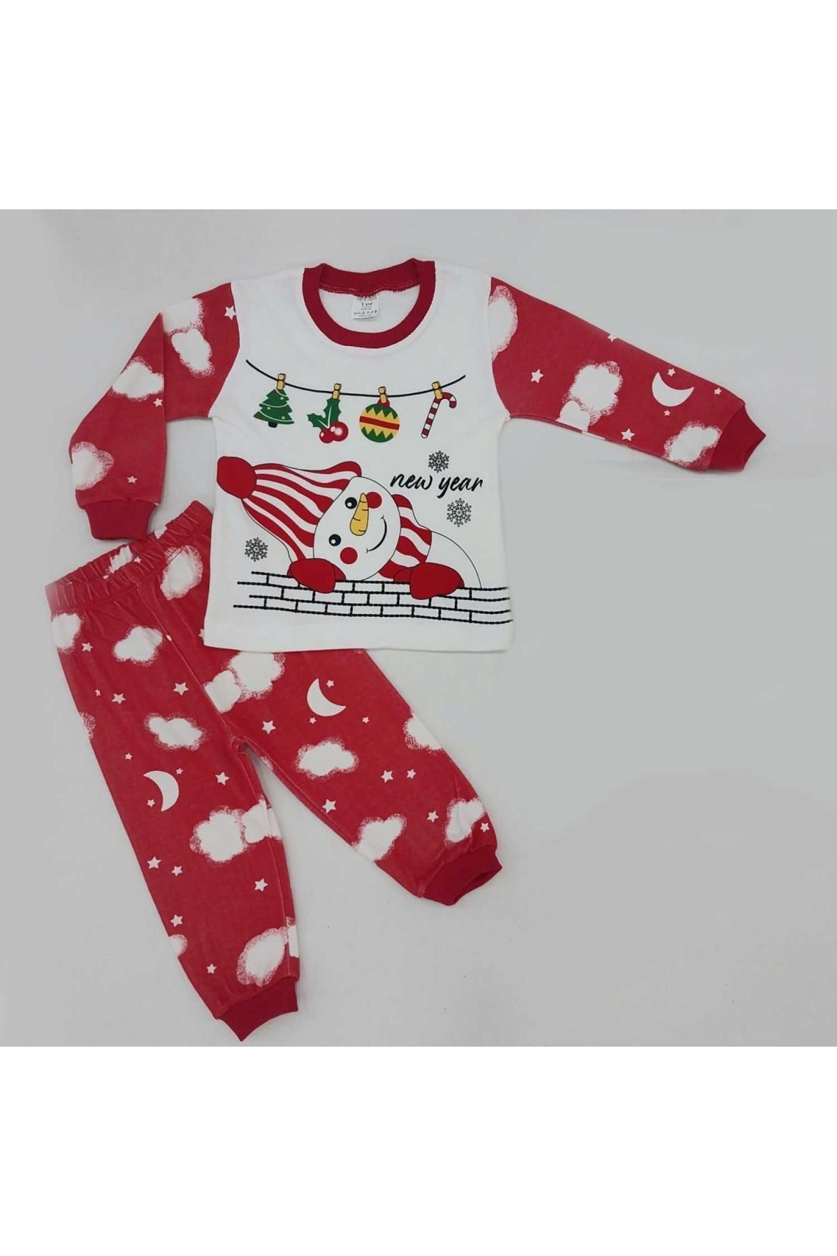 miso aksesuar takı Bulutlu Kardanadam Noel Baskılı 2 li Pijama Takımı