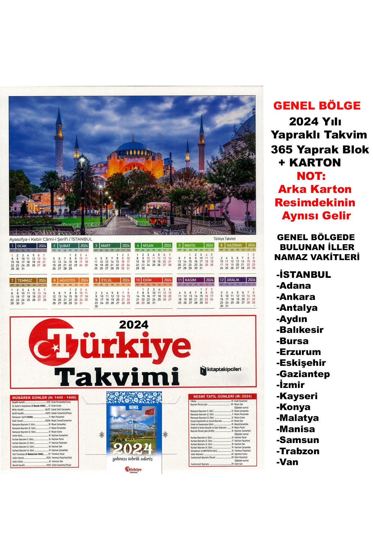 Elif Kitabevi Genel Bölge 2024 Yılı Türkiye Takvimi 365 Gün Yapraklı Duvar Takvimi Namaz Vakitli Blok Karton