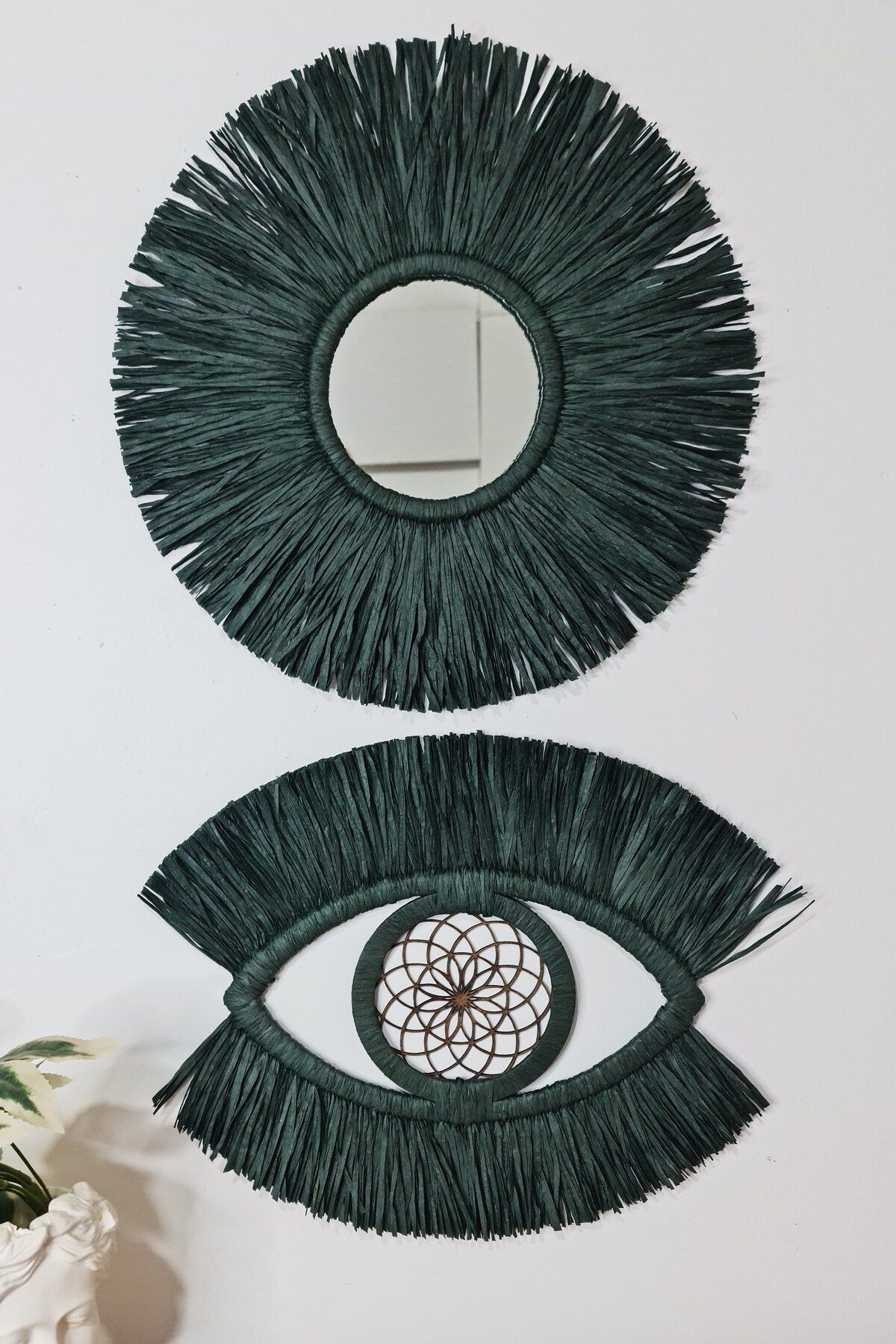 Bubihome Bohem Rafya Ayna & Göz Duvar Dekoru Yeşil
