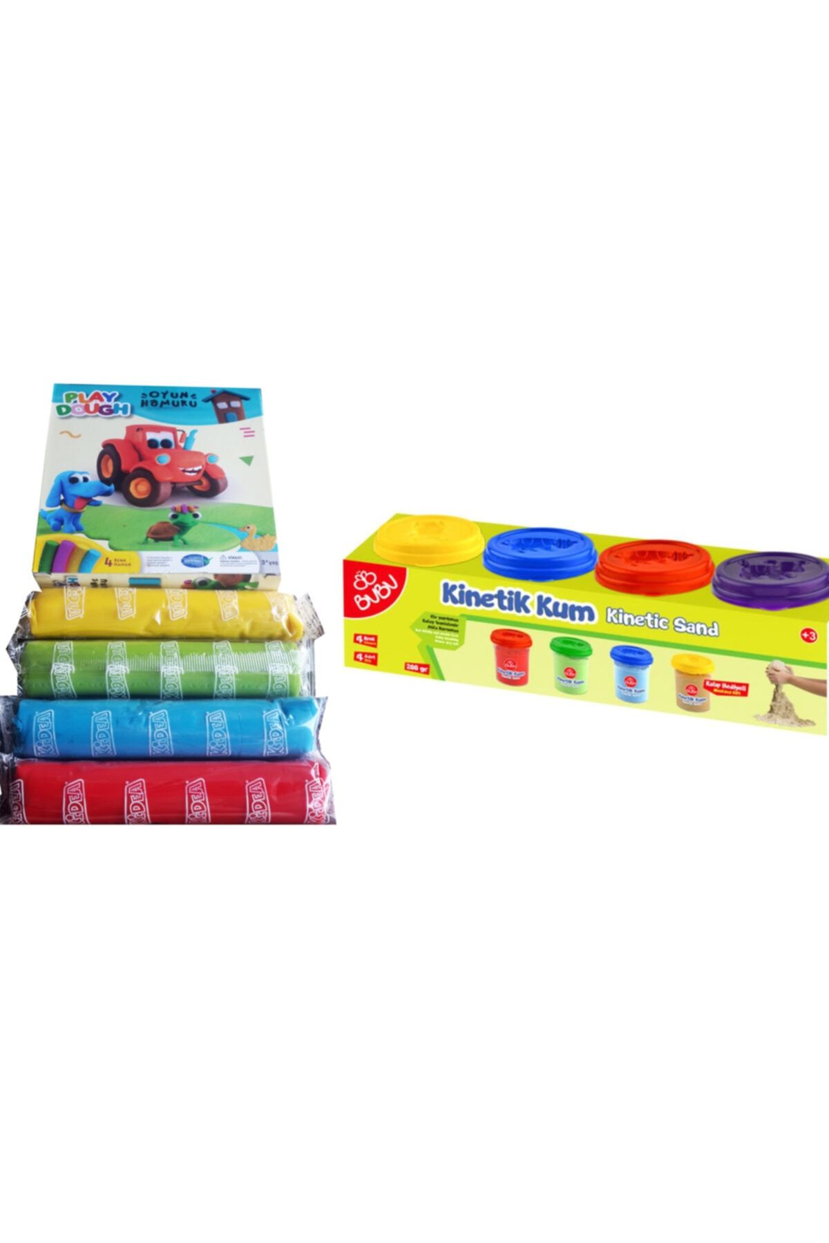 Play Dough Kidea 4 Renk 340 Gr Yumuşak Oyun Hamuru + Bubu 4 Renk Kinetik Kum 200 Gr