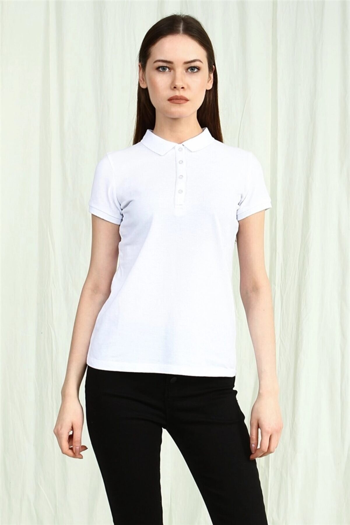 YÜCEL TİCARET Kadın  Beyaz Polo Yaka Kısa Kollu Basic Tshirt