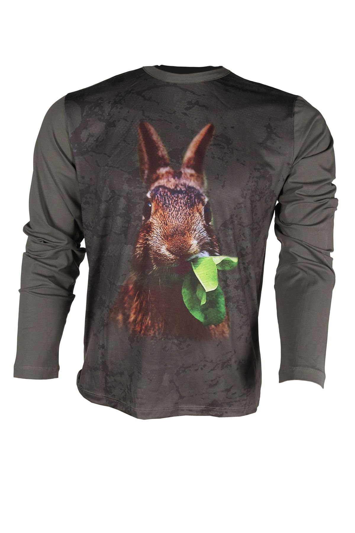 Dark Forest Sıfır Yaka Uzun Kol Haki-tavşan Desenli Avcı Ve Outdoor T-shirt