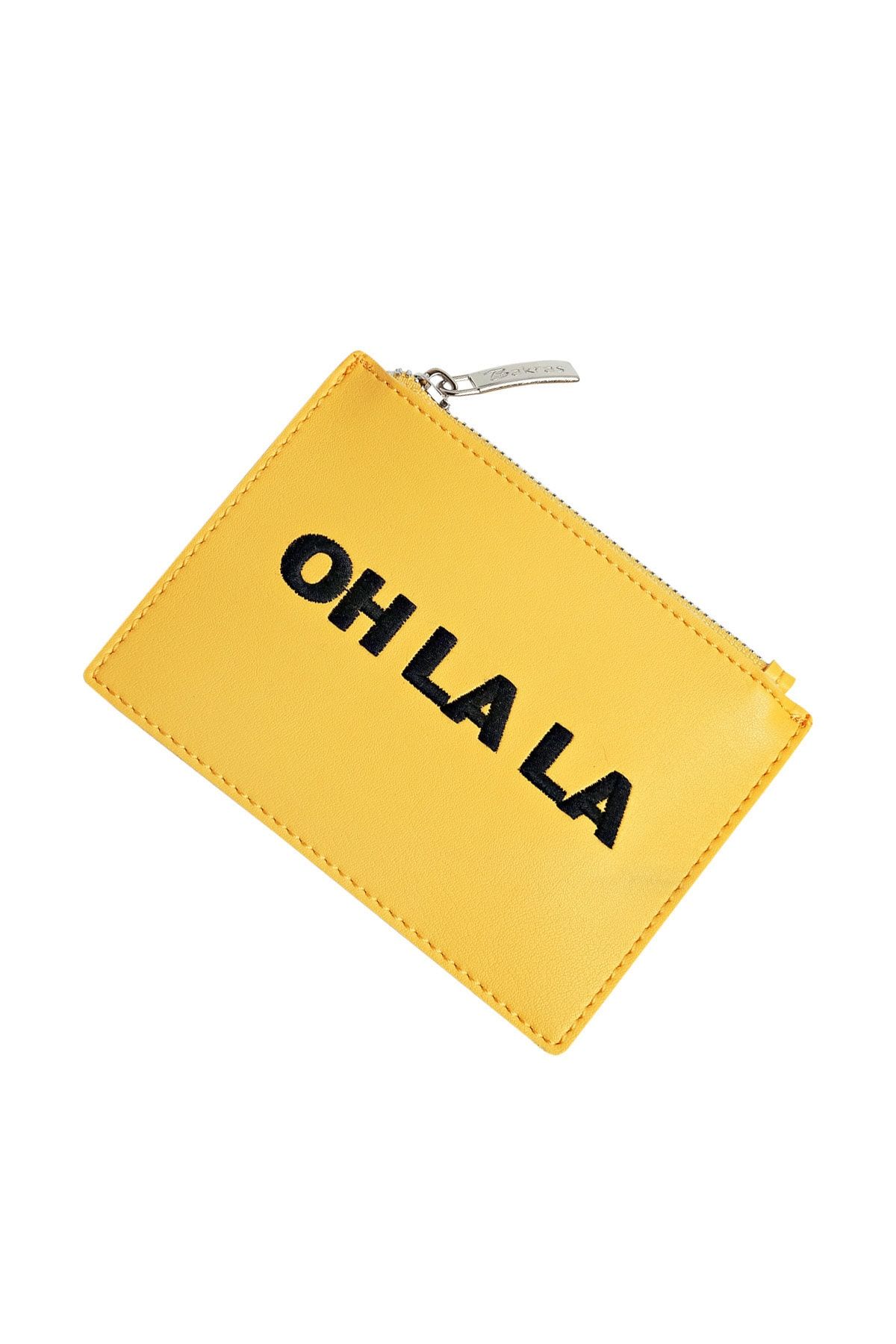 Bakras Kadın Sarı Oh La La İşlemeli Kartlık Bölmeli Fermuarlı Mini Çanta