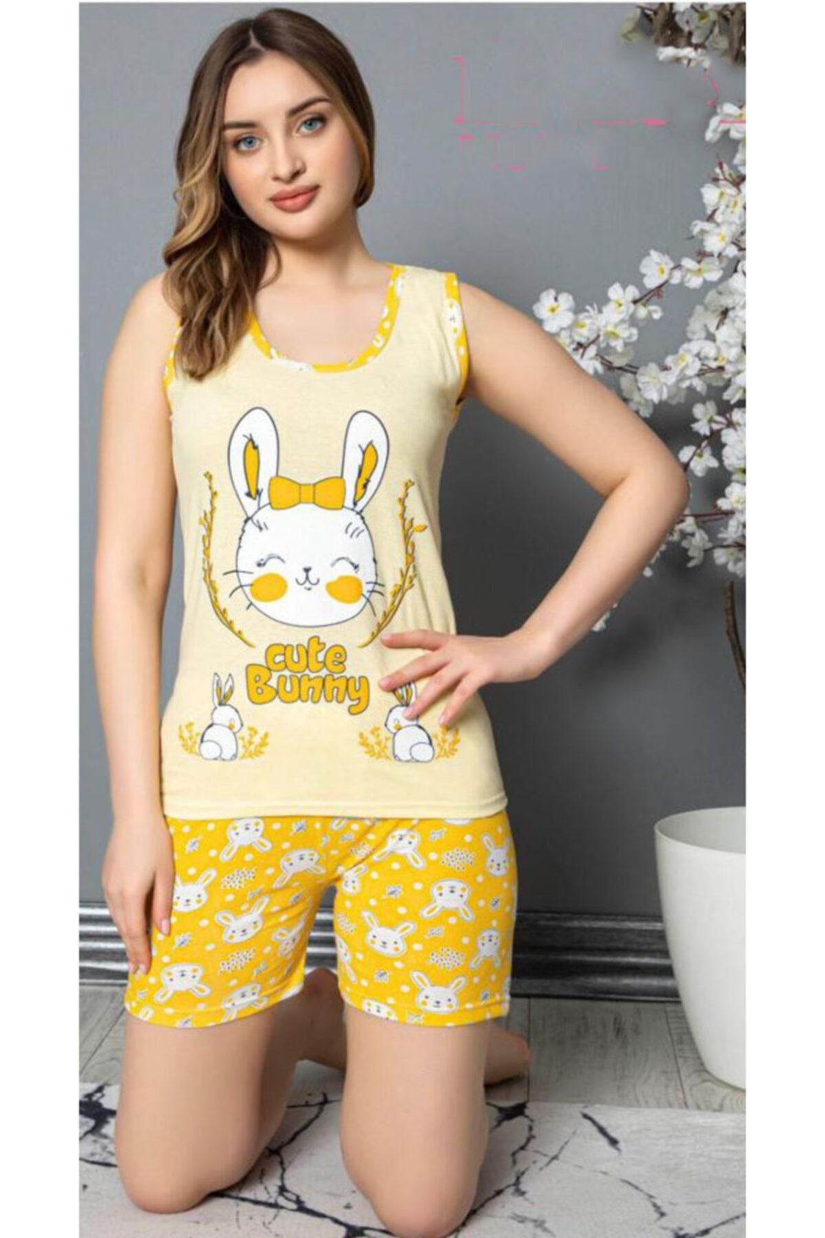 USLULAR Kadın Sarı Cute Baskılı Şortlu Pijama Takımı