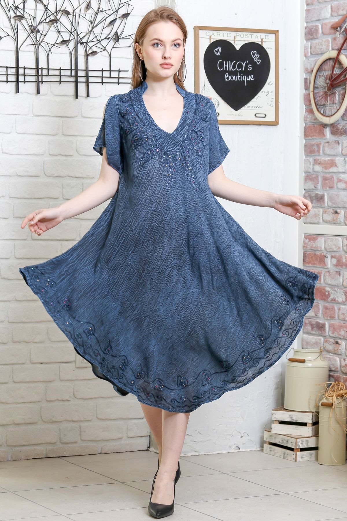 Chiccy Kadın Petrol Mavisi Batik Desenli Kısa Kol Dik Yaka Salaş Dokuma Elbise M10160000EL95153