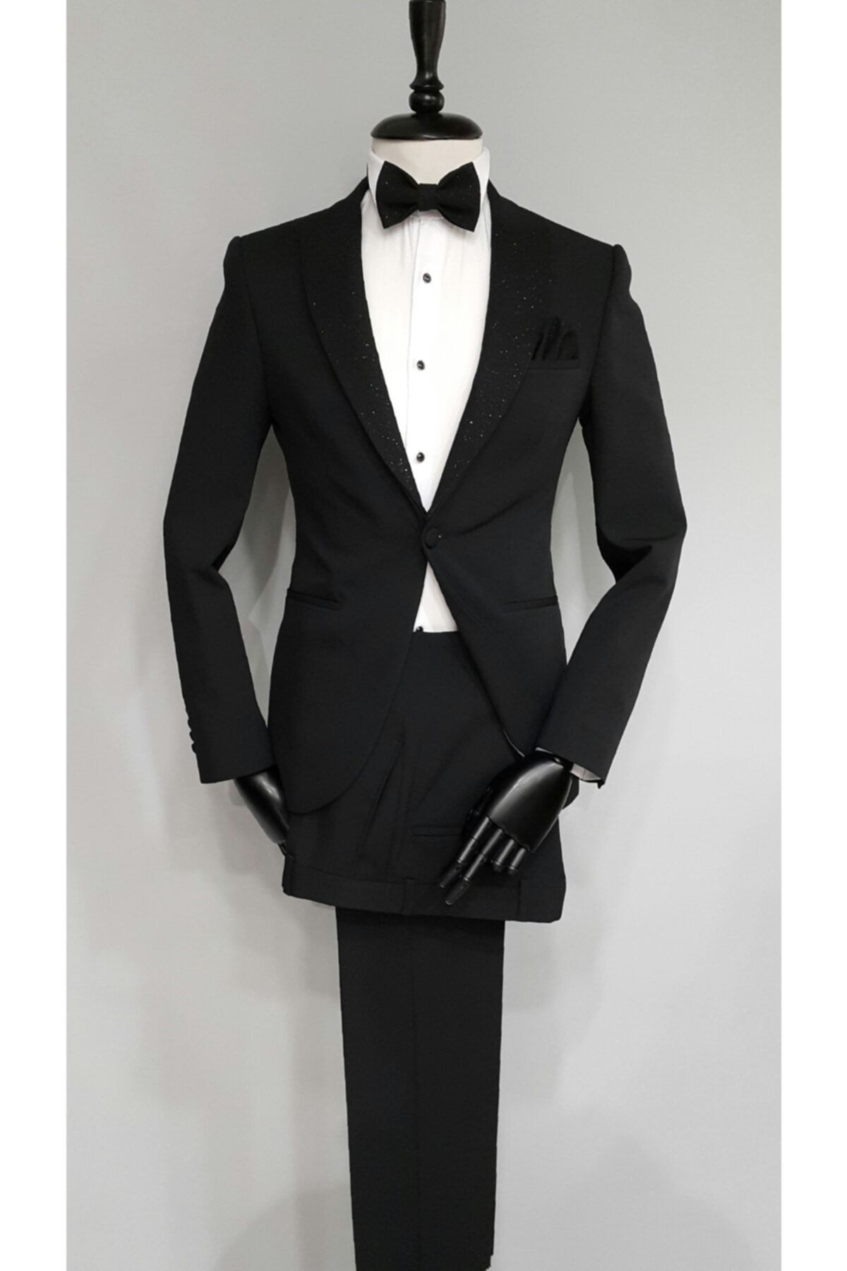 Comienzo Erkek Siyah Düz Slim Fit Kırlangıç Yaka Damatlık Takım Elbise