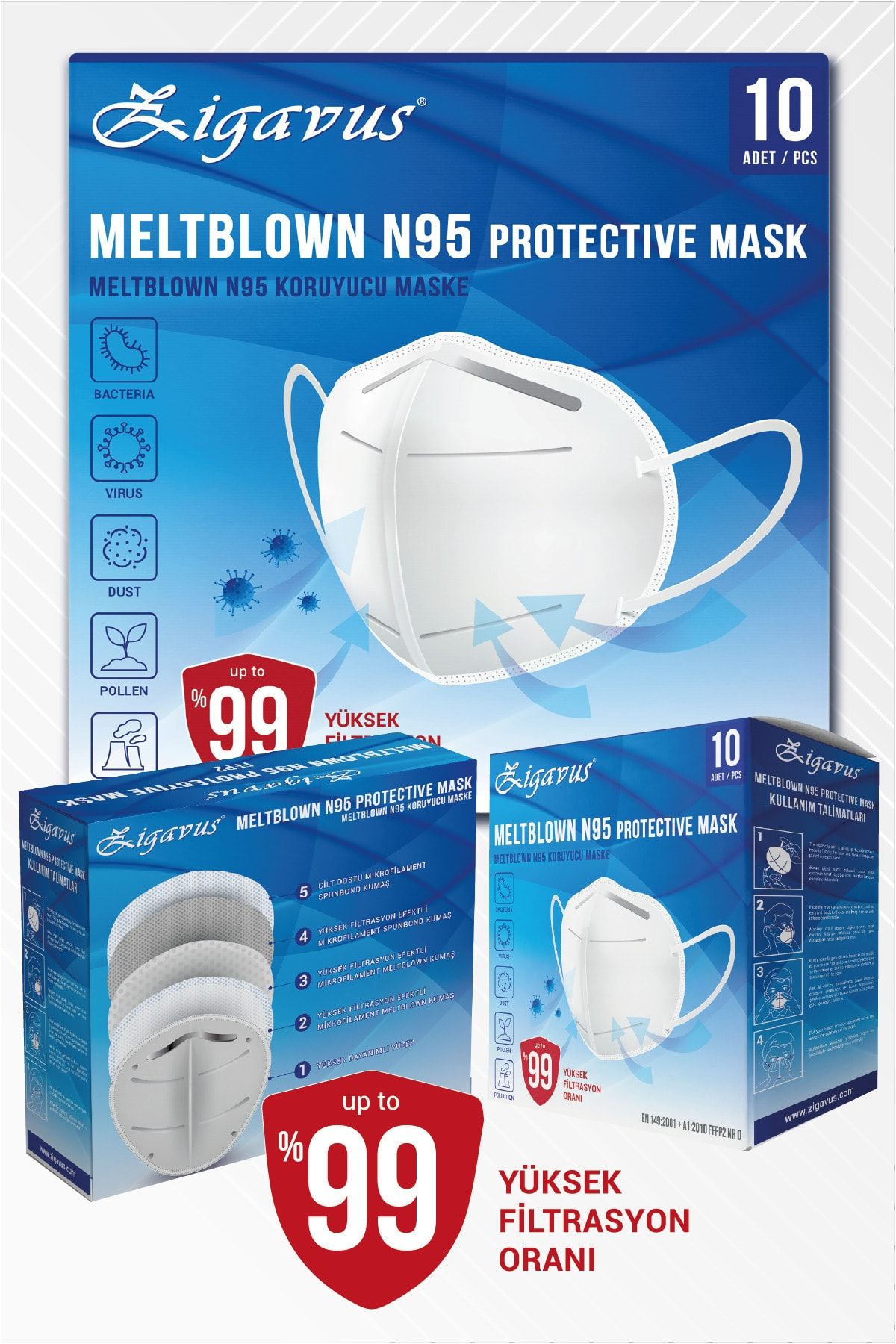 Zigavus N95 Beyaz Maske 40 Adet Meltblown, Ayrı Poşetli, Ventilsiz , Ce Iso