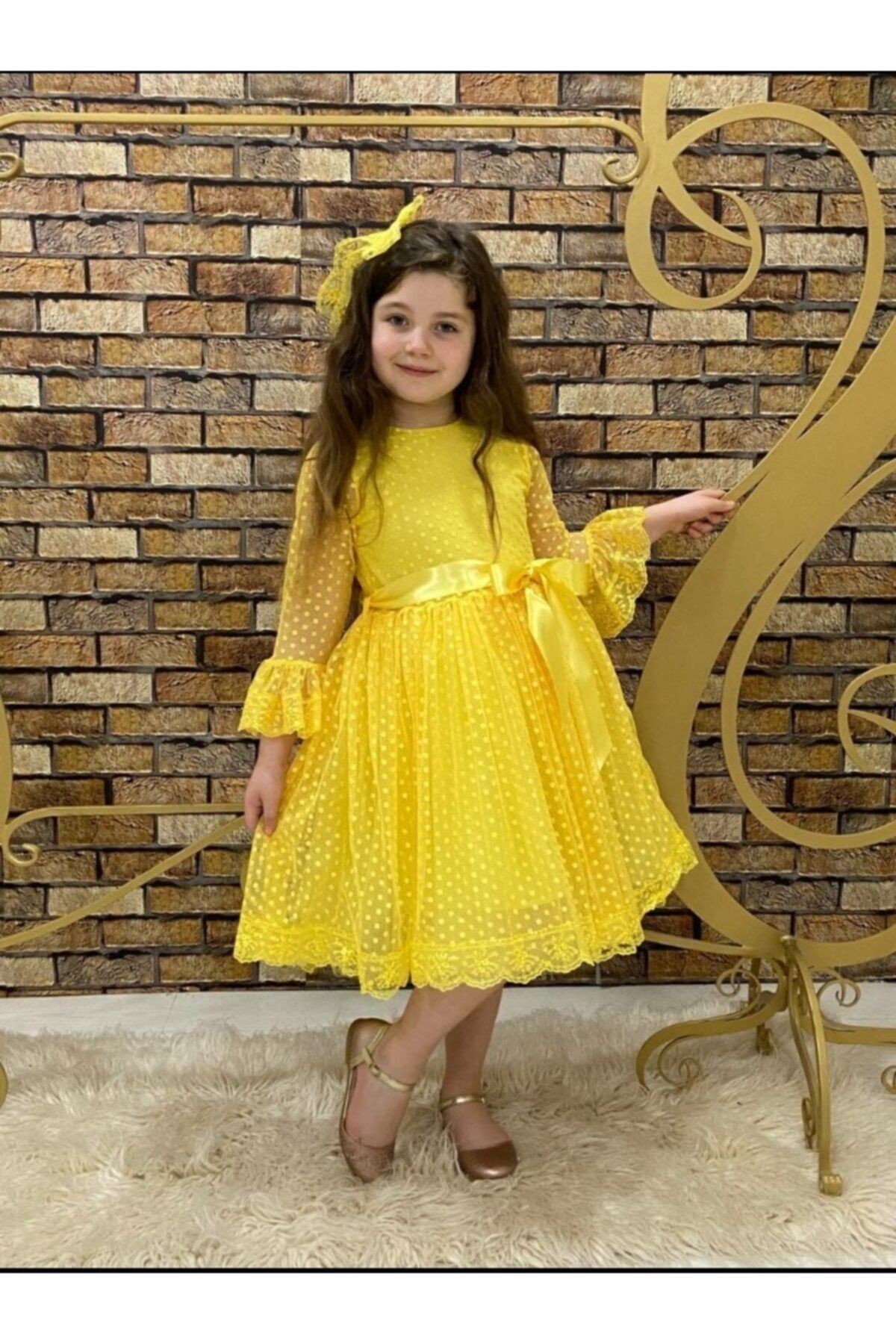 Pumpido Dantelli Tokalı Kız Çocuk Elbisesi Sarı